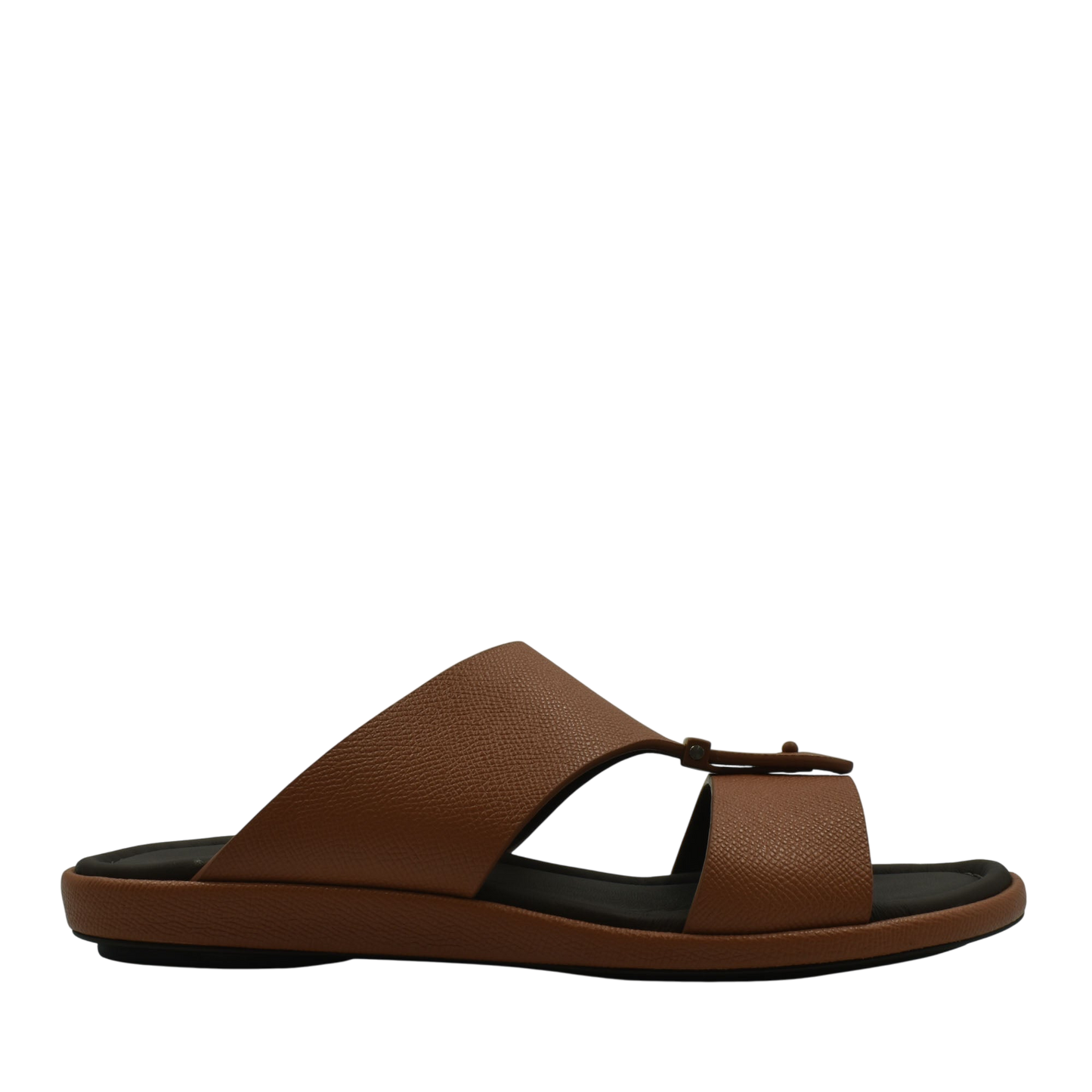Brown premium leather sandal with adjustable strap and black cushioned sole for comfortable wear