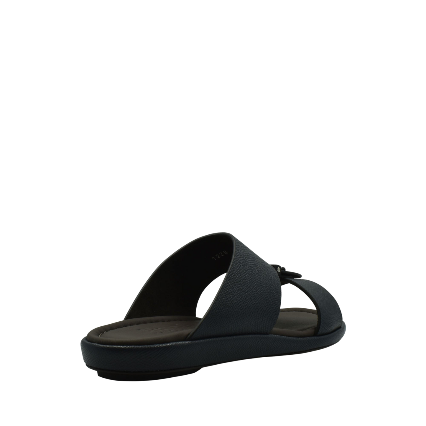 Black premium leather sandal with cushioned sole and open toe design from Private Collection