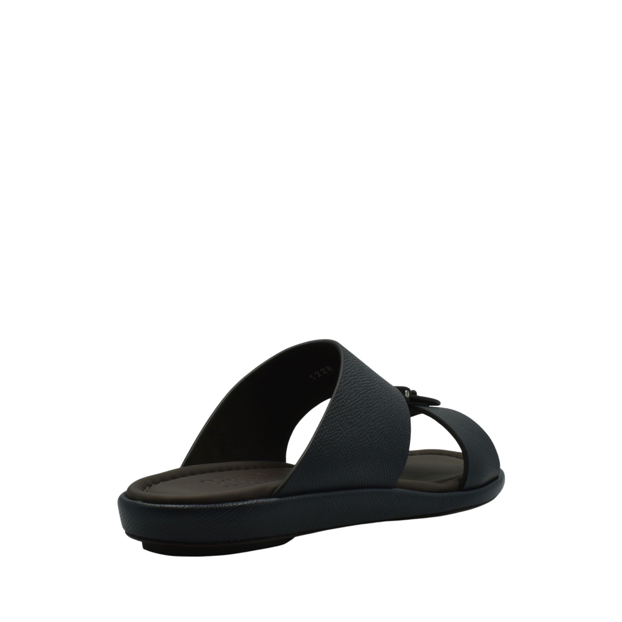 Black premium leather sandal with cushioned sole and open toe design from Private Collection
