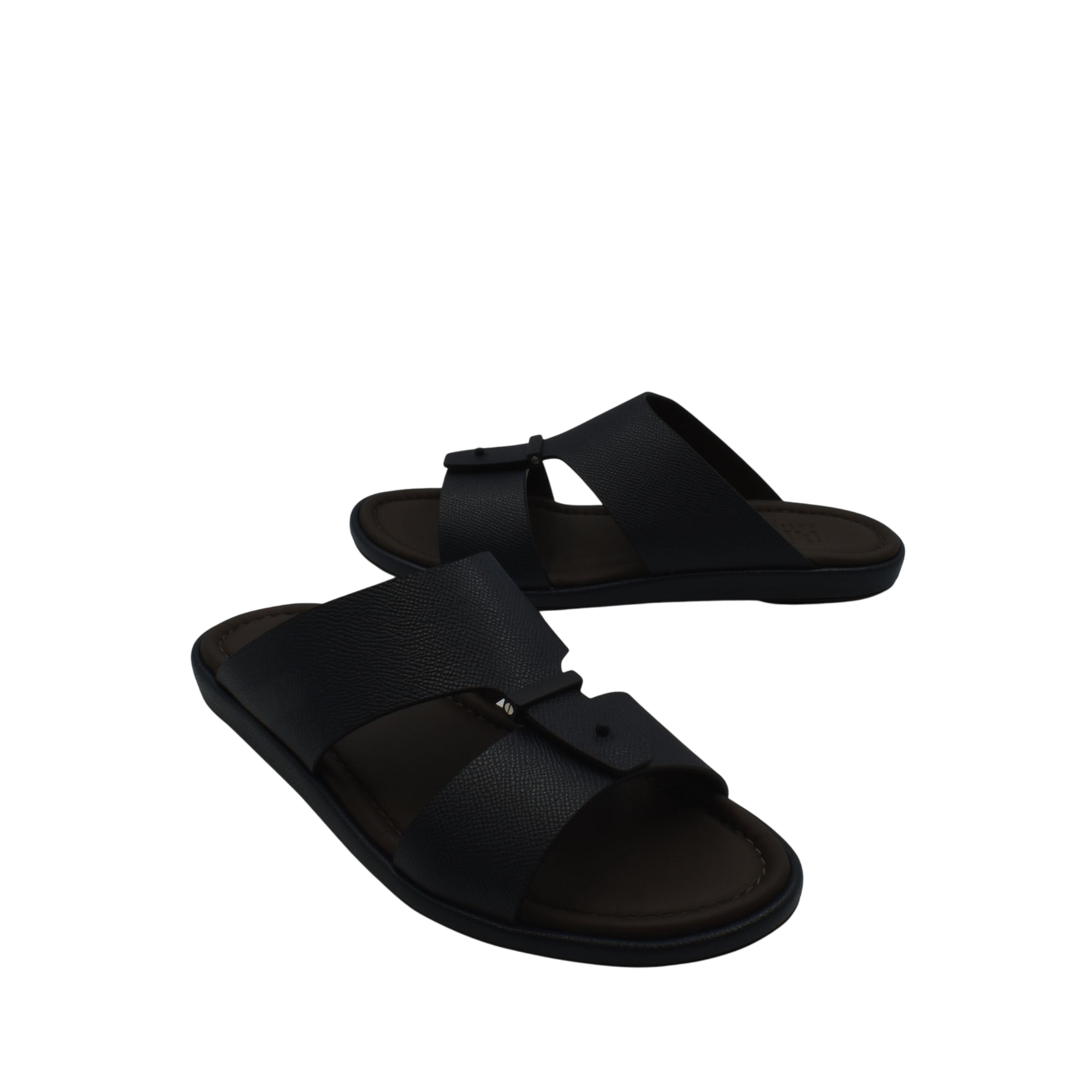 Black premium leather sandal with adjustable straps and cushioned footbed for comfort