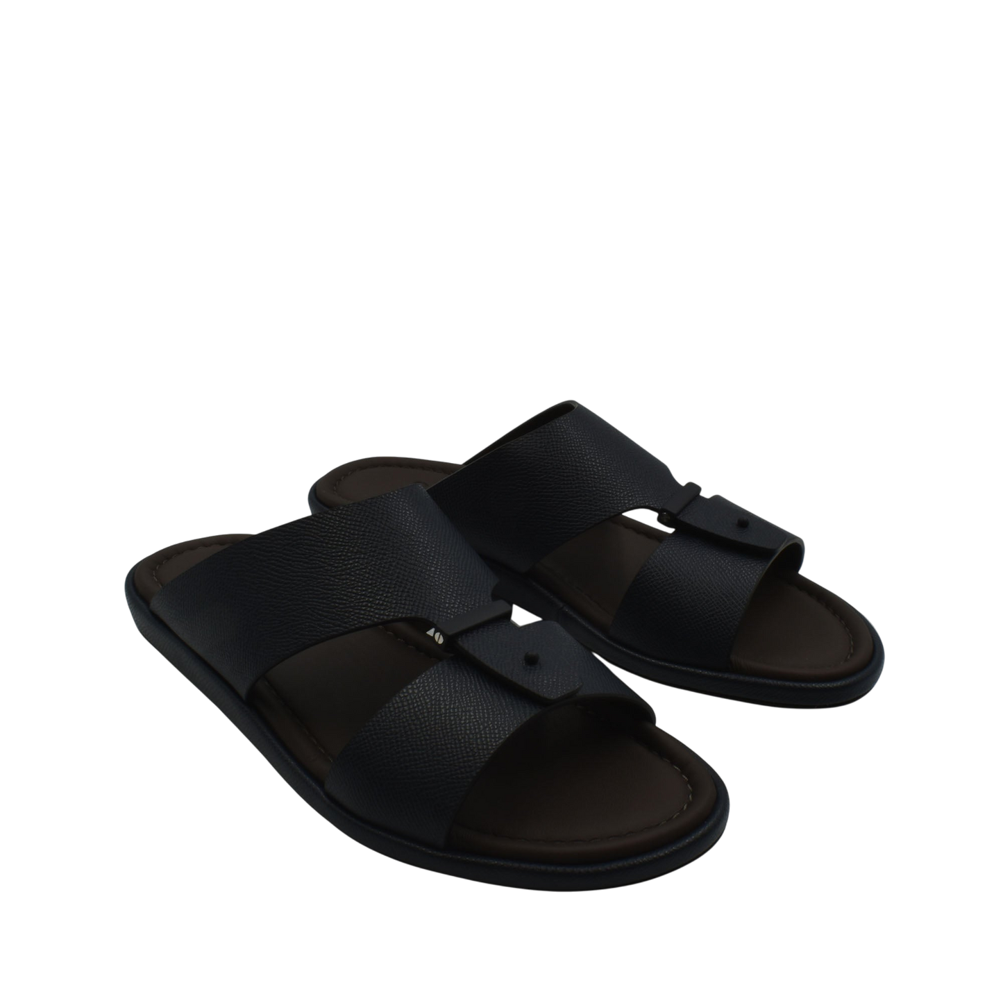 Black premium leather sandal with wide straps and cushioned sole for comfortable wear