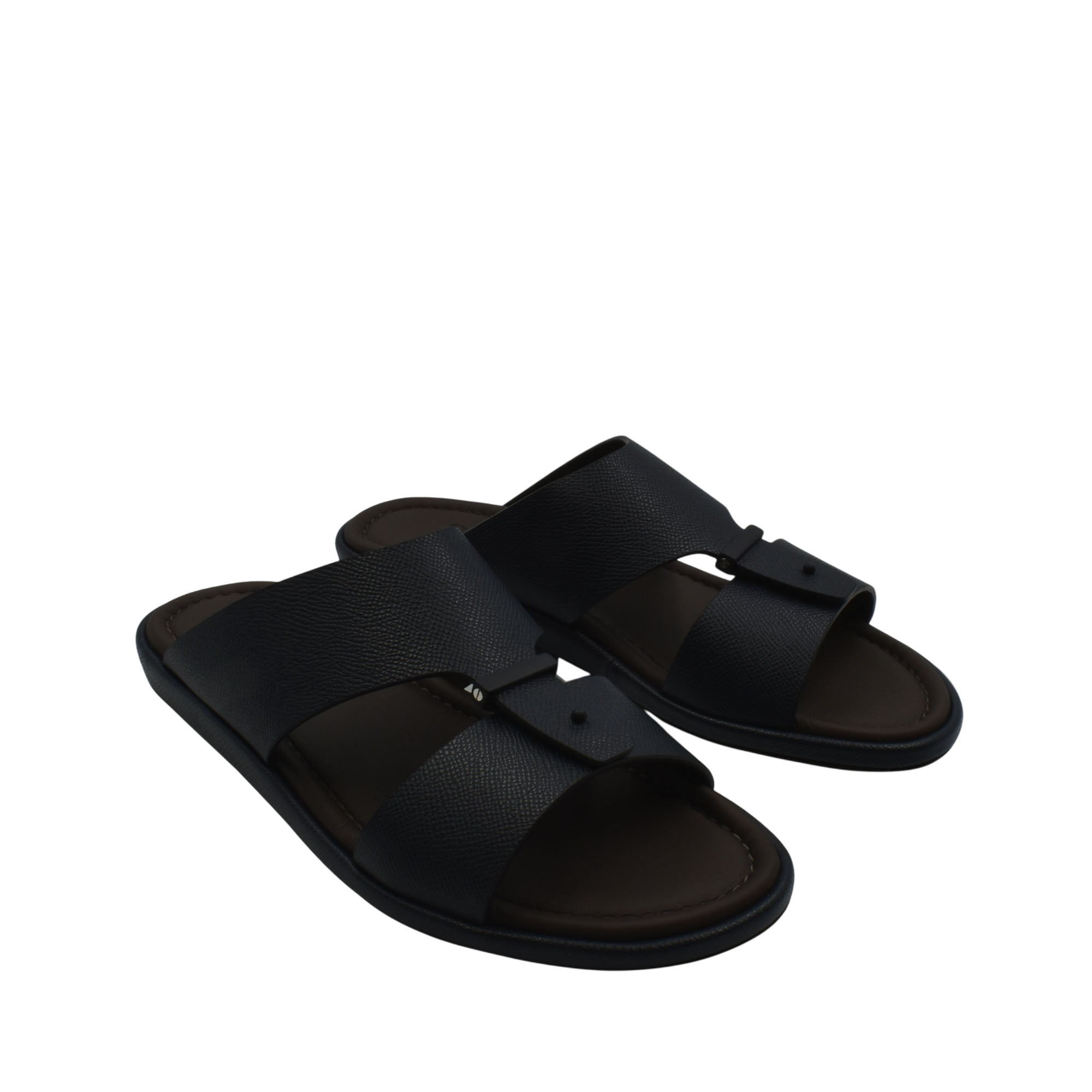 Black premium leather sandal with wide straps and cushioned sole for comfortable wear