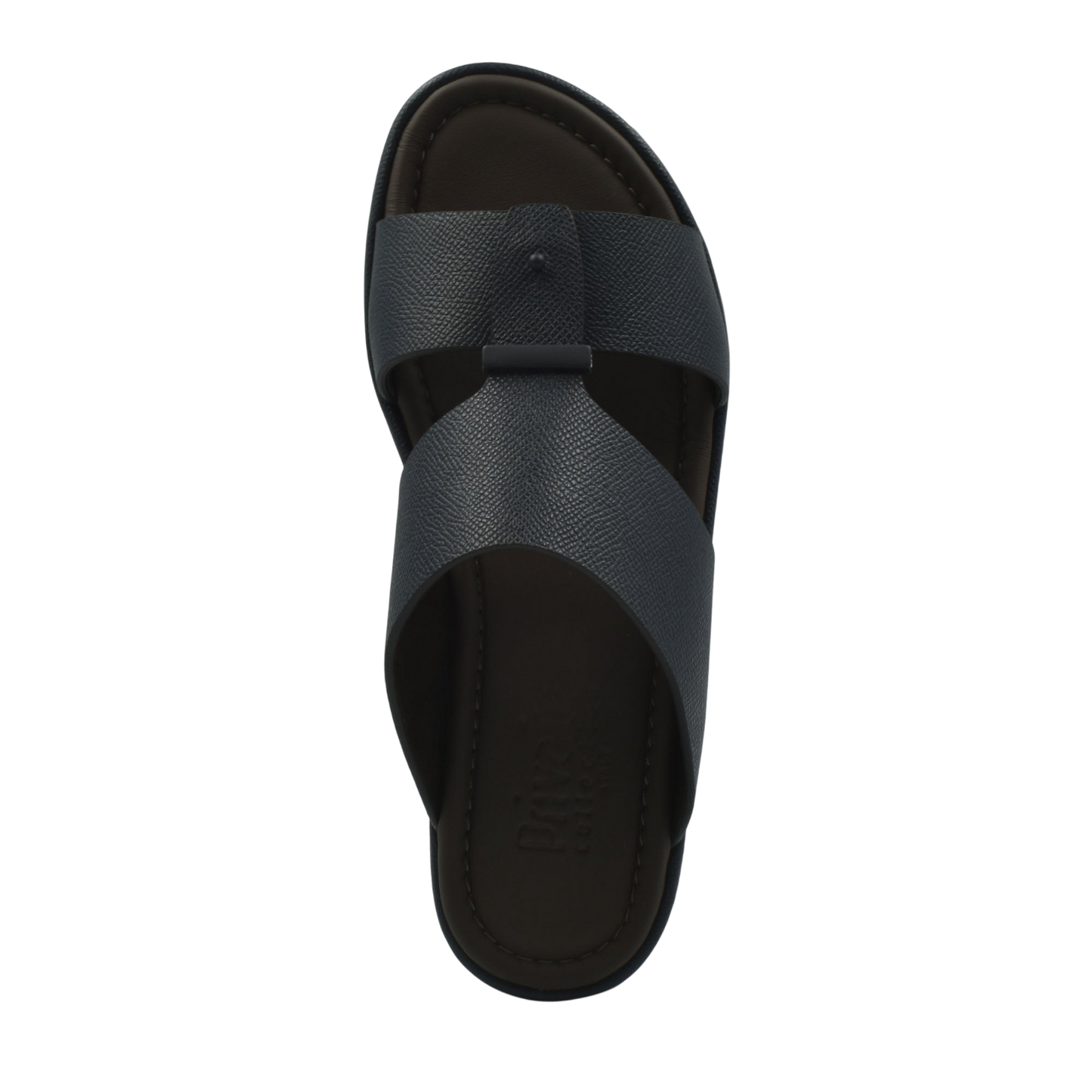 Top view of black premium leather sandal with wide crossover straps and cushioned footbed
