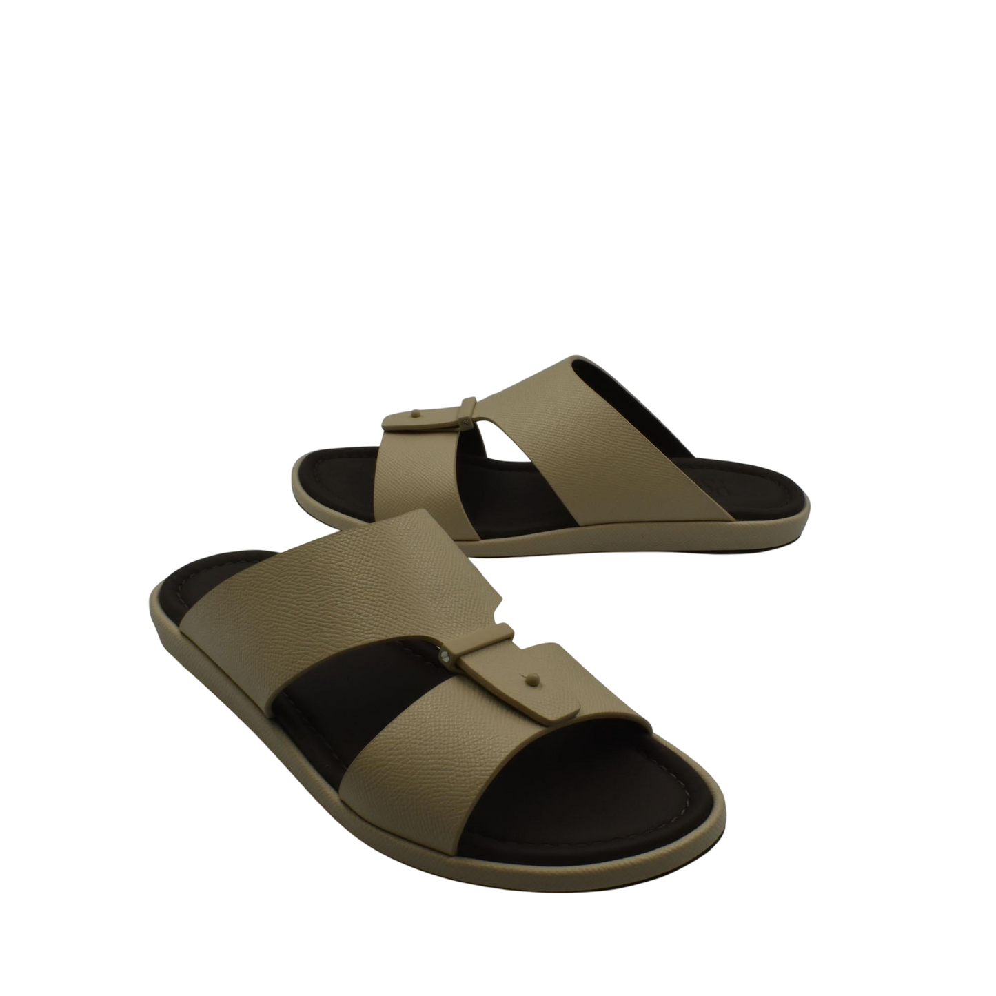 Beige premium leather sandal with adjustable straps and cushioned black footbed for comfort