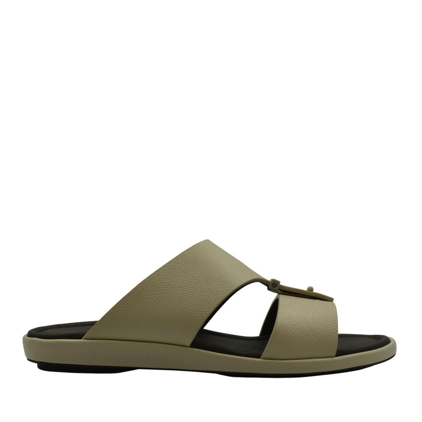 Beige premium leather sandal with open toe and cushioned black sole for comfortable wear