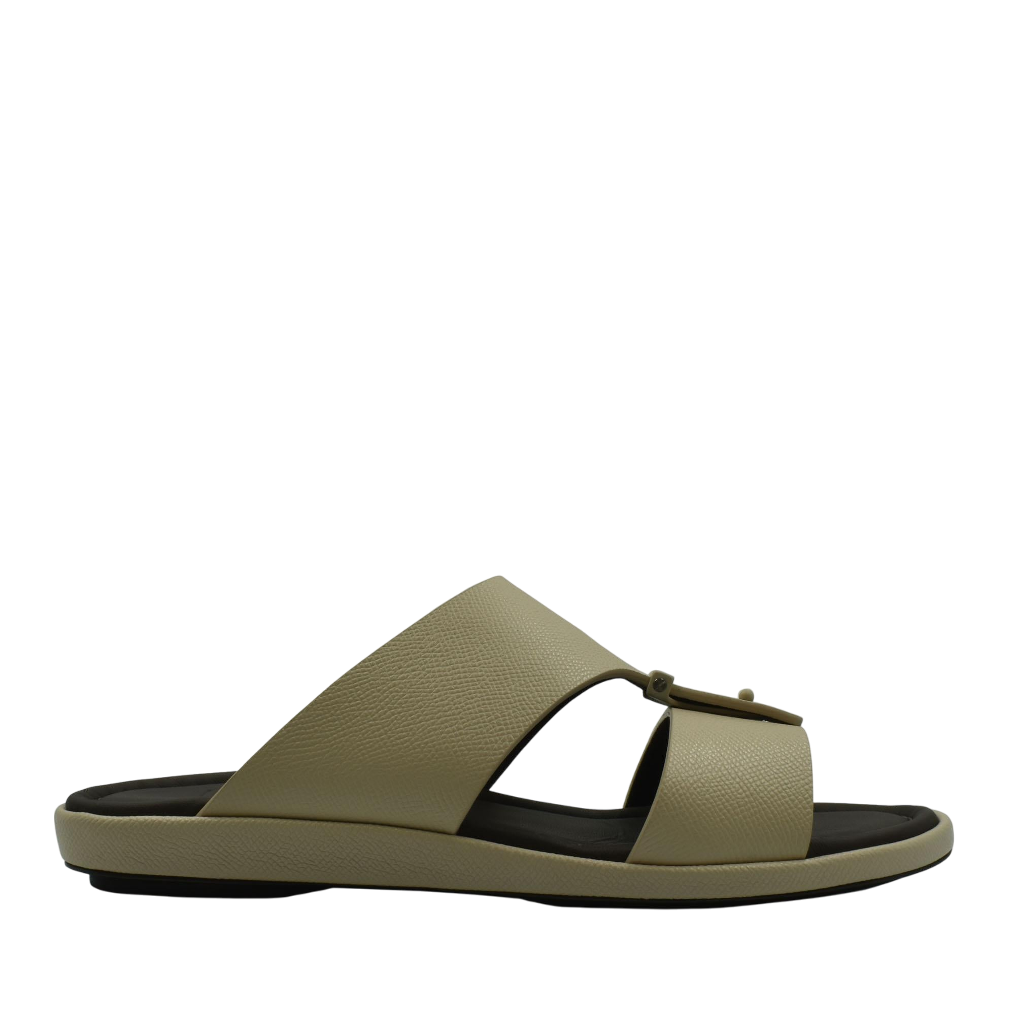 Beige premium leather sandal with open toe and cushioned black sole for comfortable wear