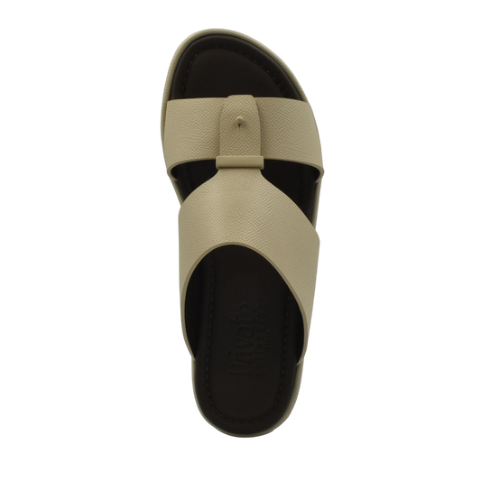Top view of beige premium leather sandal with black footbed from private collection