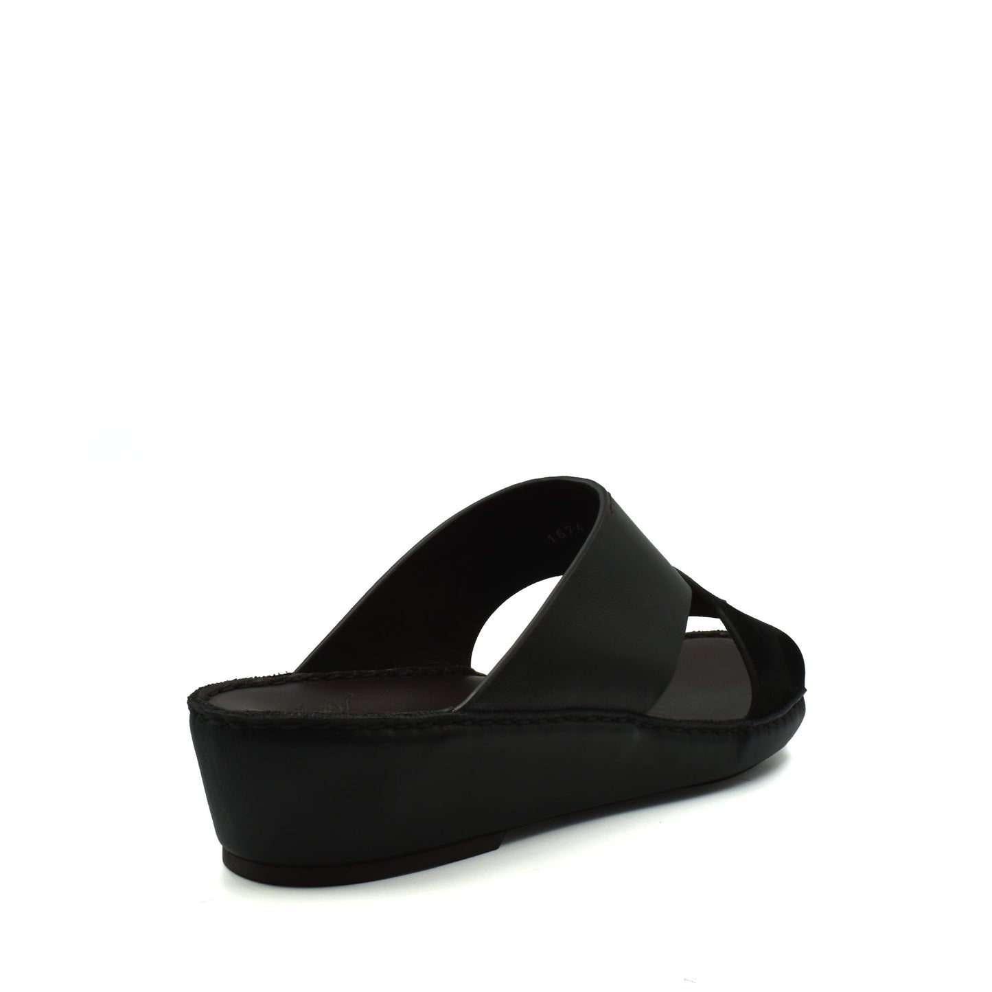 Black open-toe premium Nappa leather shoes with a low wedge heel and slip-on design