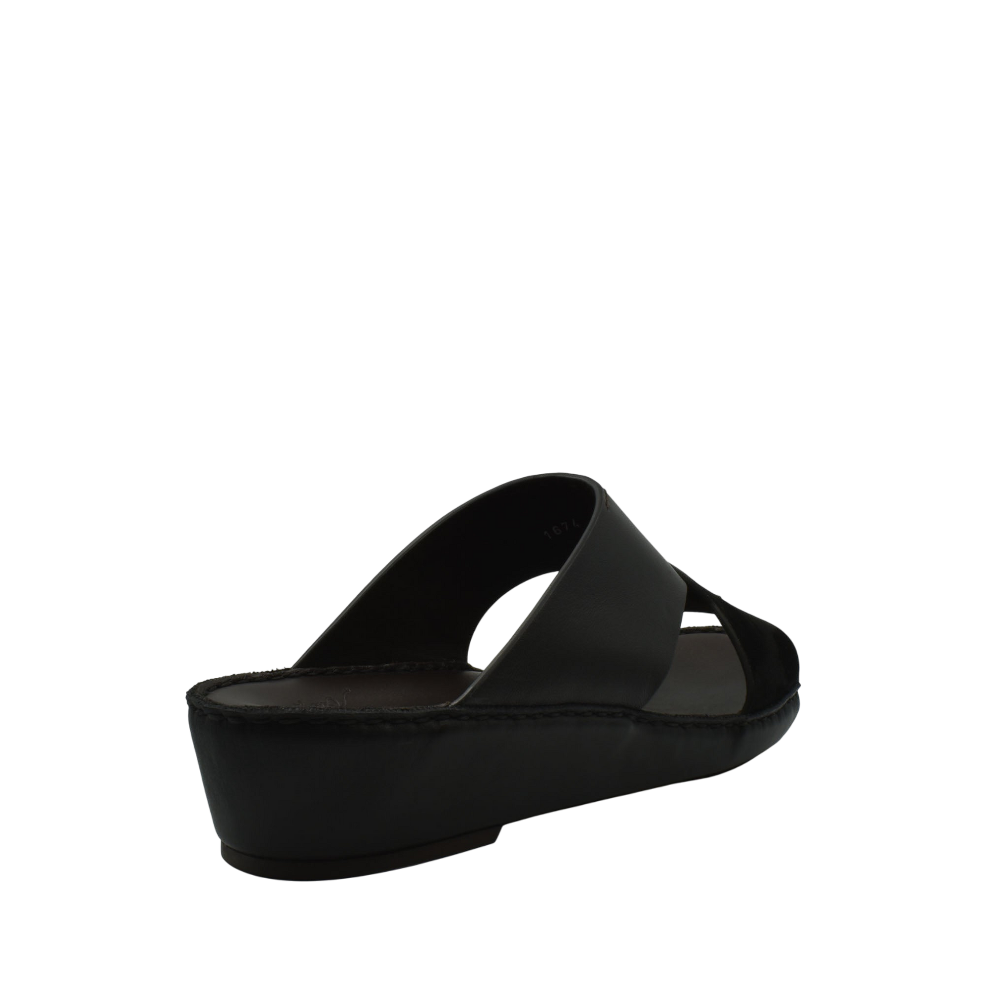 Black open-toe premium Nappa leather shoes with a low wedge heel and slip-on design