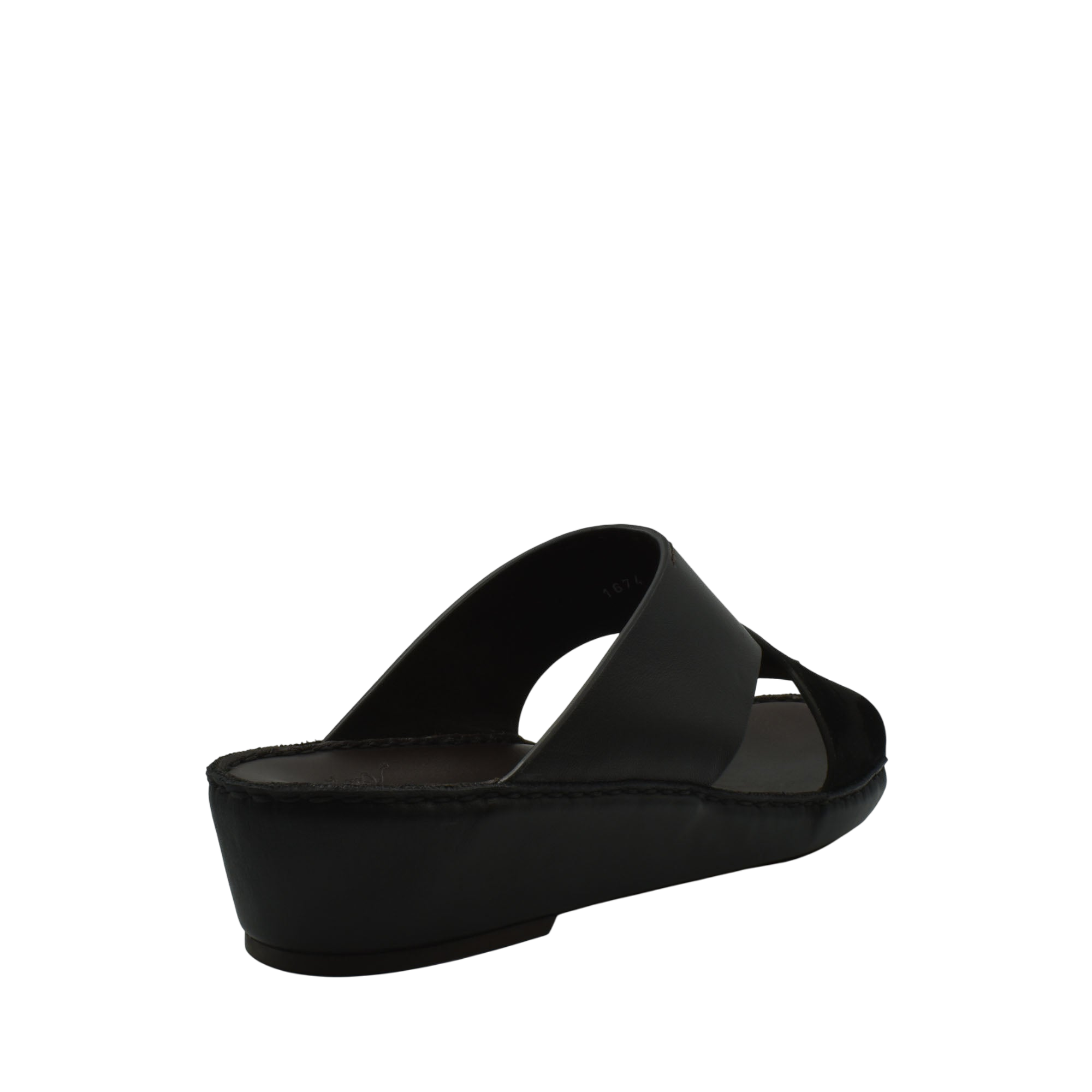 Black open-toe premium Nappa leather shoes with a low wedge heel and slip-on design