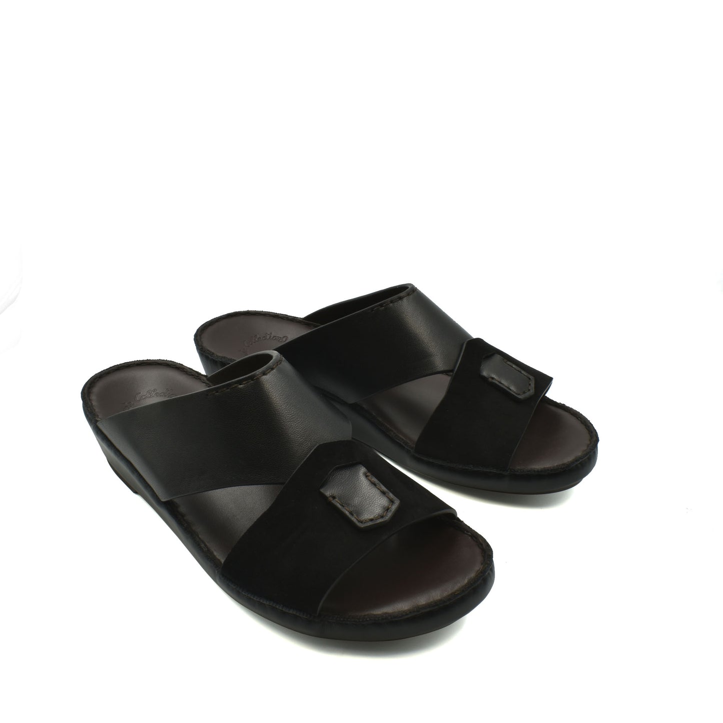 Black premium Nappa leather shoes slide sandals with open toe and cushioned footbed