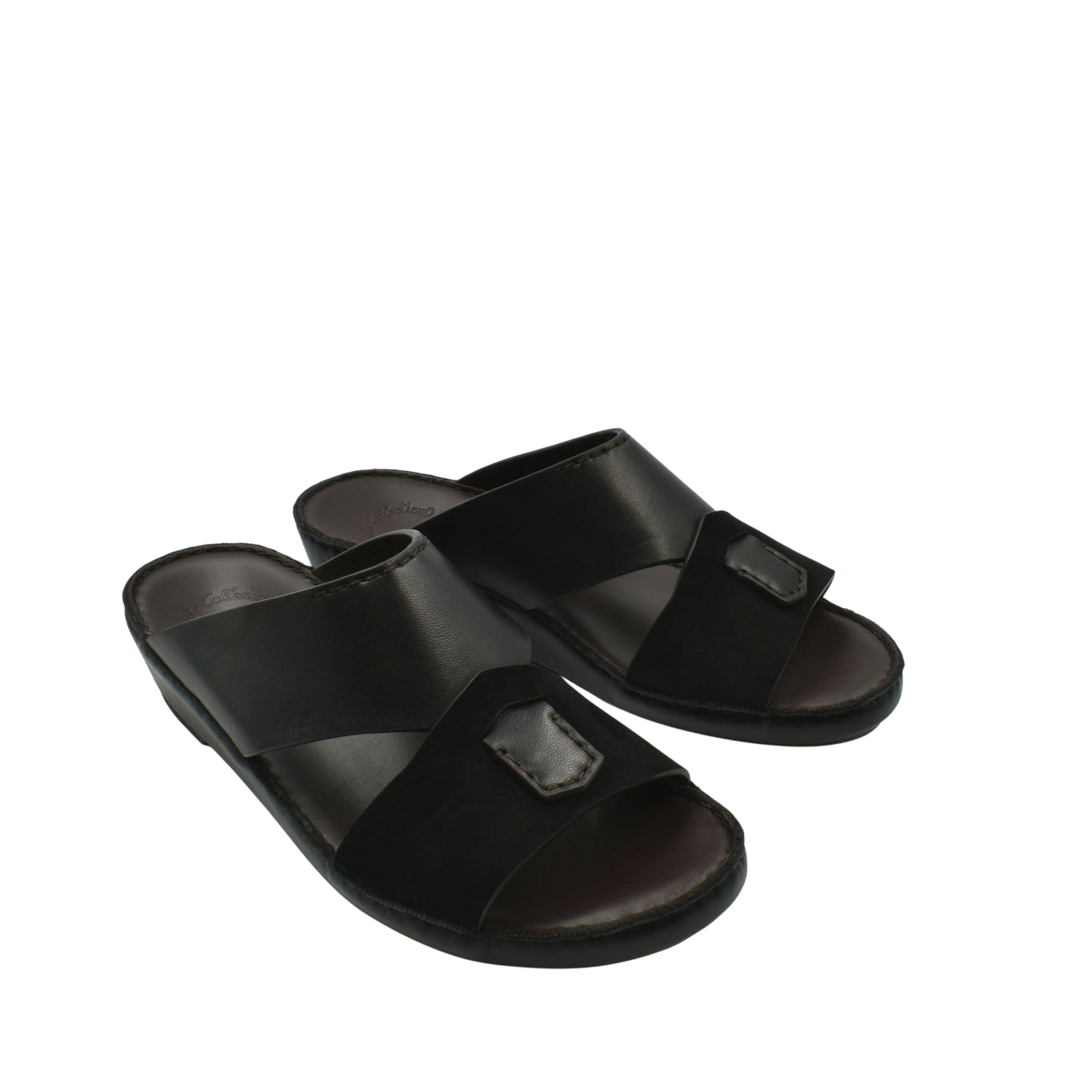 Black premium Nappa leather shoes slide sandals with open toe and cushioned footbed