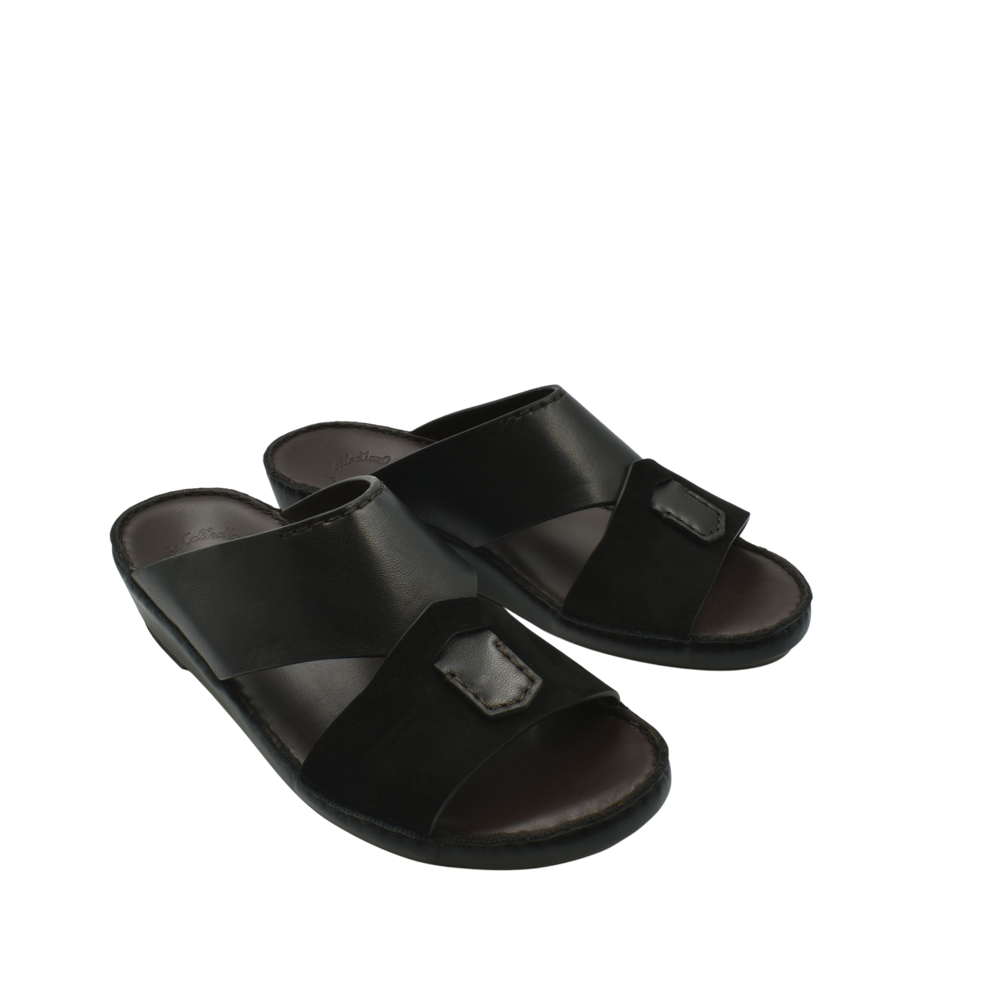 Black premium Nappa leather shoes slide sandals with open toe and cushioned footbed