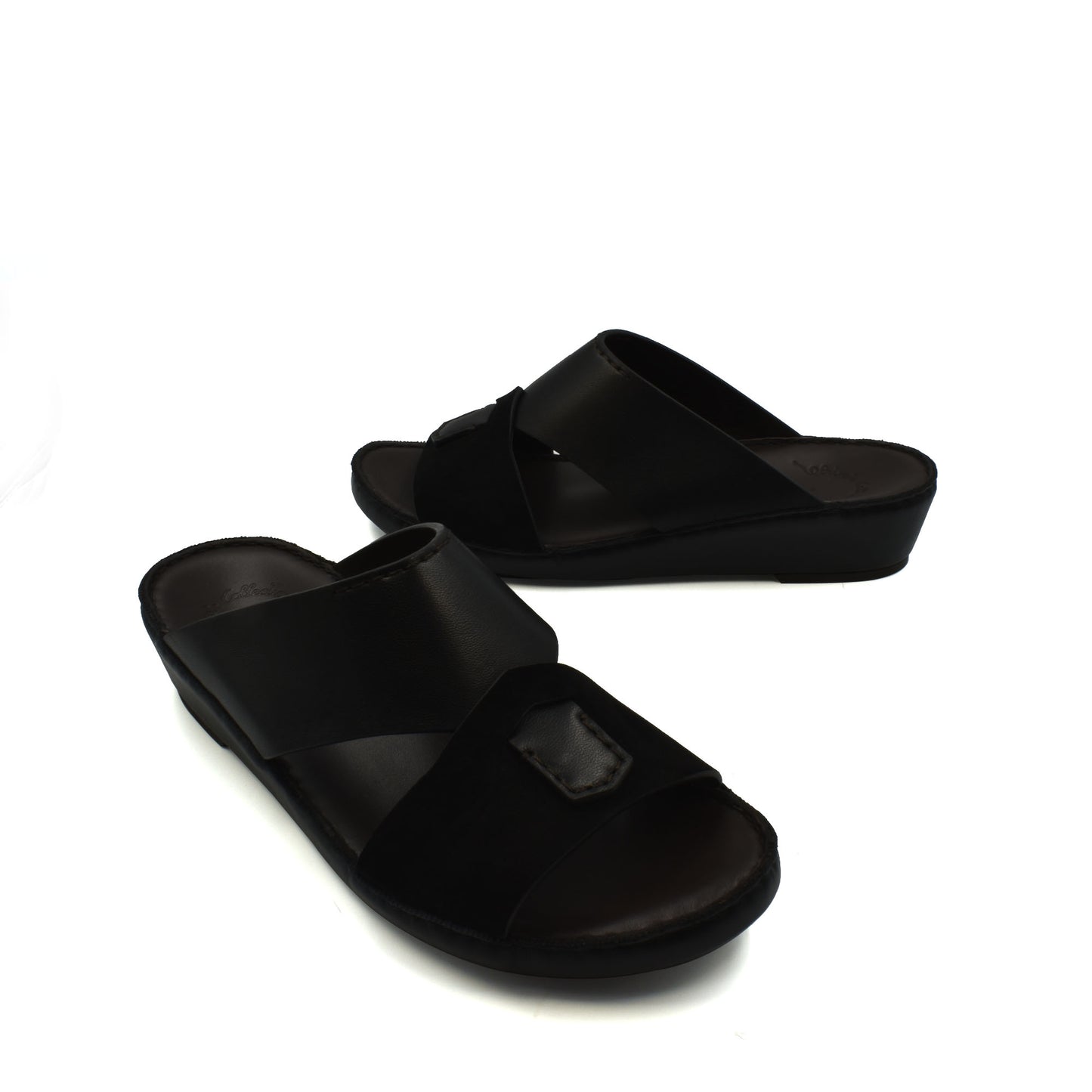Black premium Nappa leather shoes slide sandals with open toe and cushioned sole
