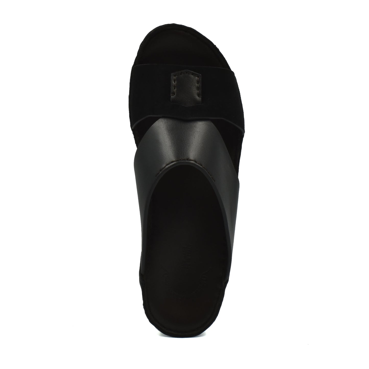 Top view of black premium Nappa leather shoes slide sandal with wide straps and smooth finish