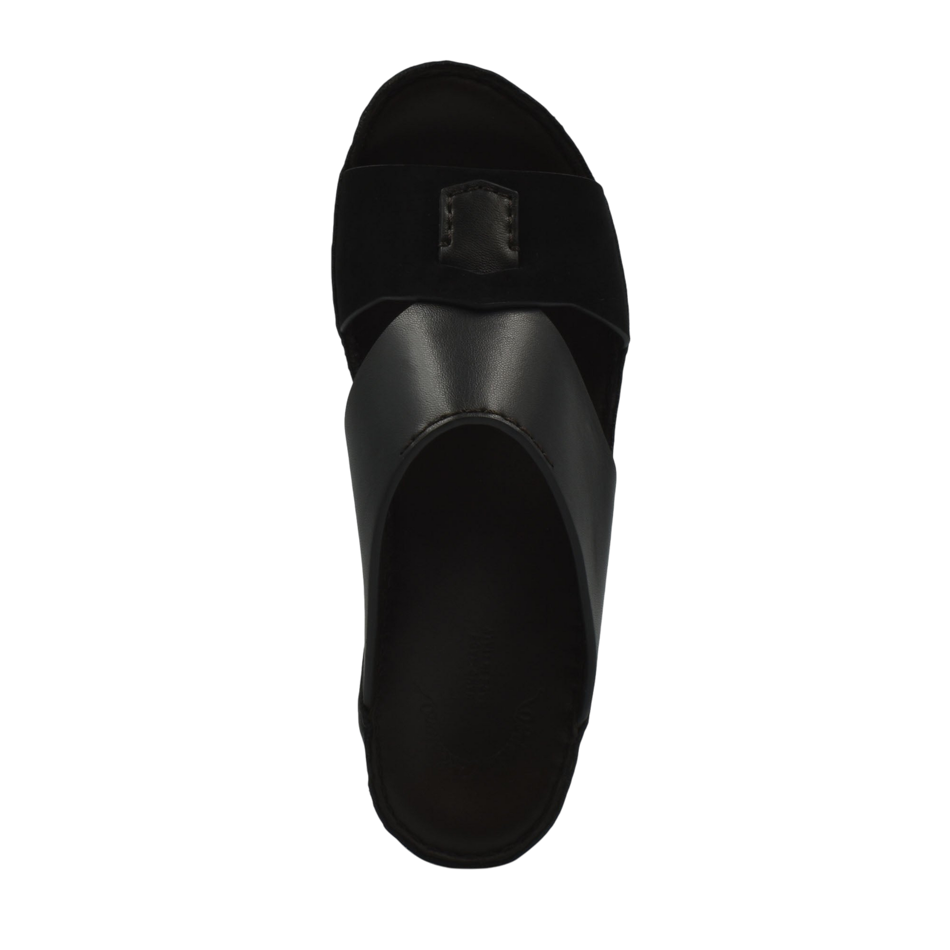Top view of black premium Nappa leather shoes slide sandal with wide straps and smooth finish