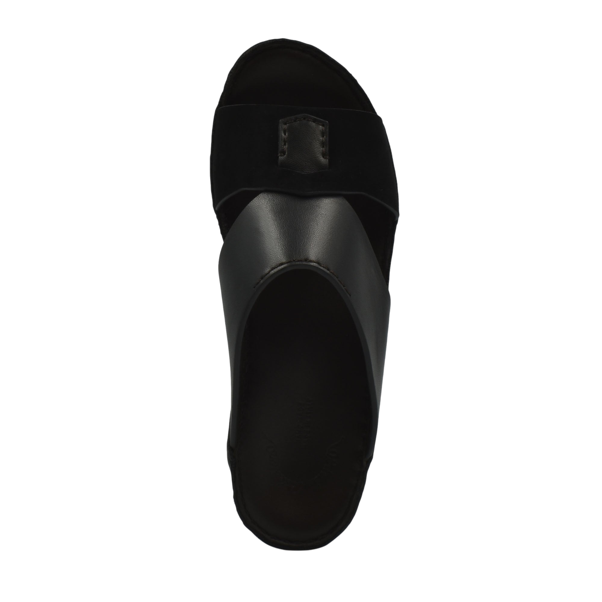 Top view of black premium Nappa leather shoes slide sandal with wide straps and smooth finish