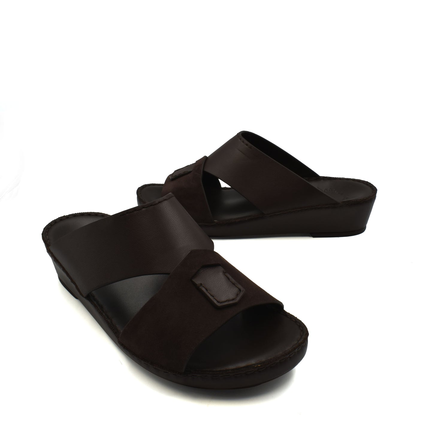 Pair of dark brown premium Nappa leather shoes slip-on sandals with wide straps