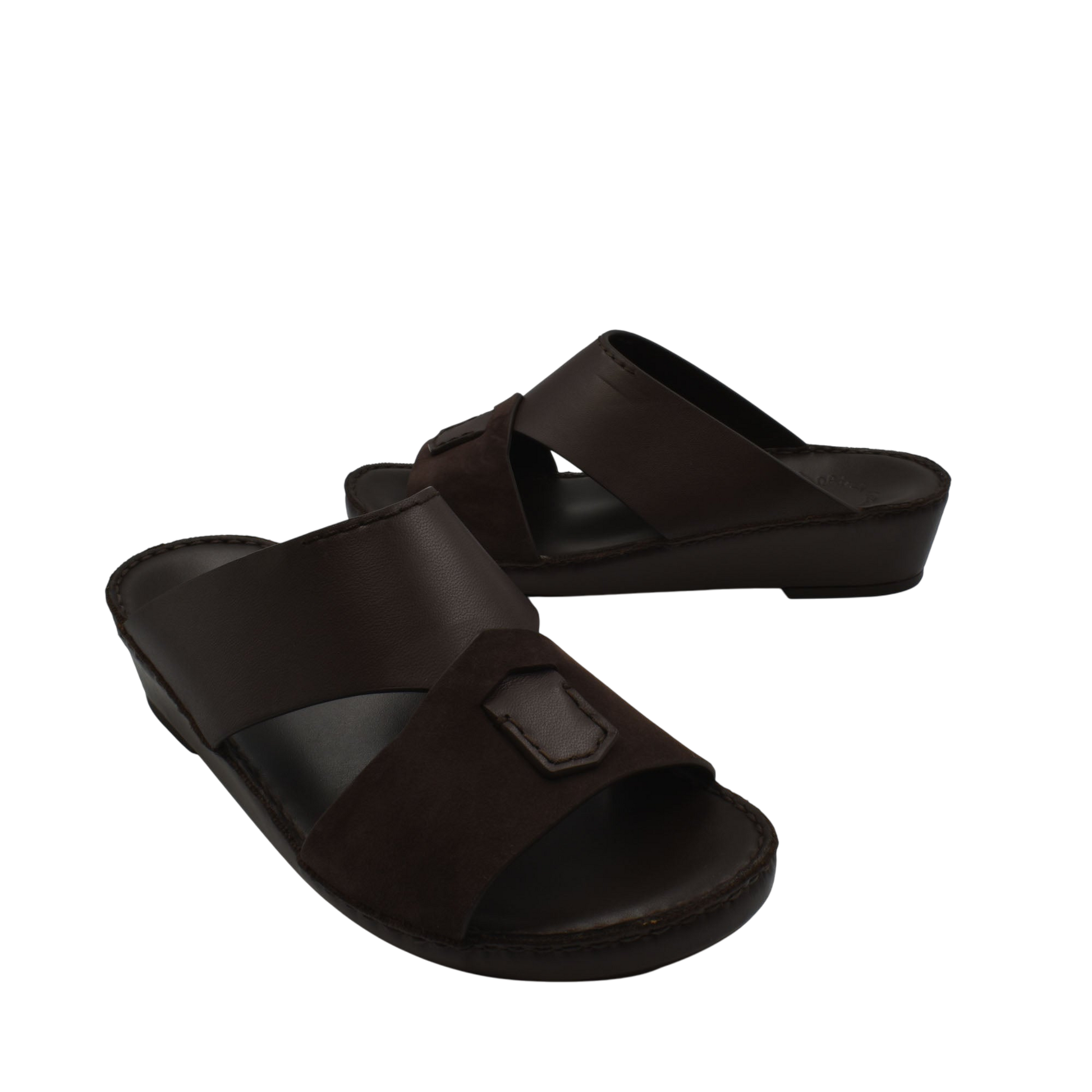 Pair of dark brown premium Nappa leather shoes slip-on sandals with wide straps