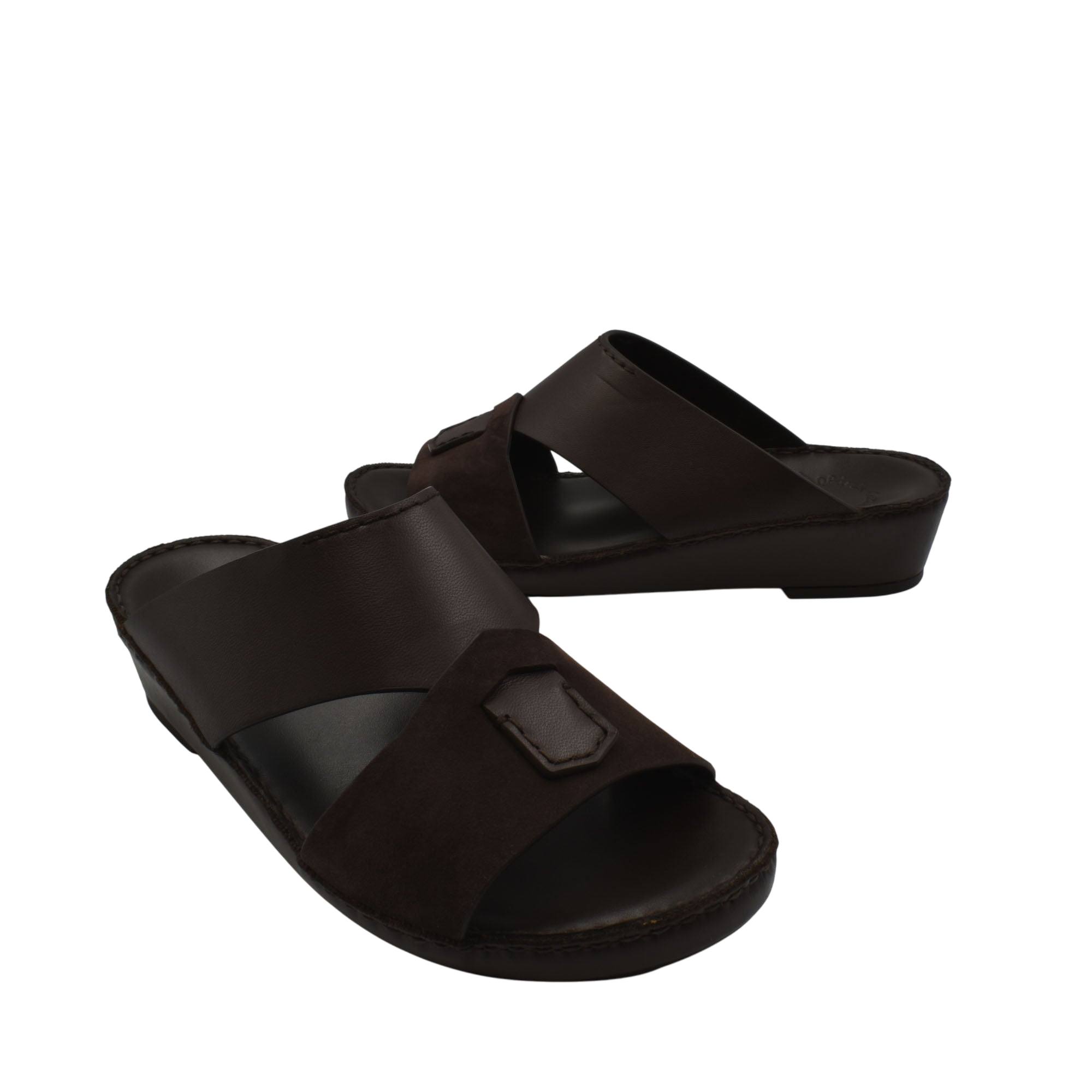Pair of dark brown premium Nappa leather shoes slip-on sandals with wide straps