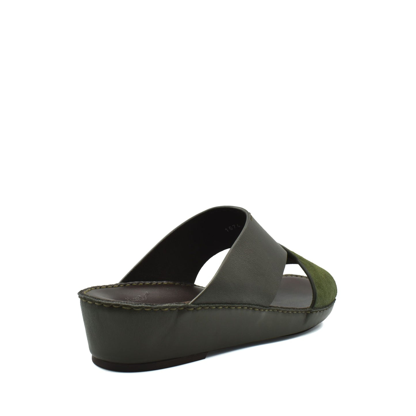 Olive green premium Nappa leather shoes with open toe and low wedge heel from Private Collection