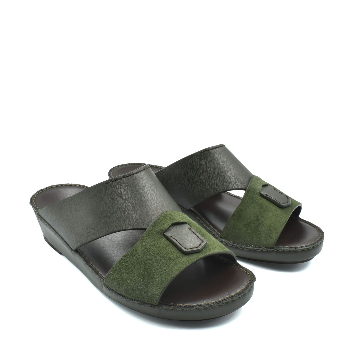 Pair of premium Nappa leather shoes in dark green and black slide sandal style with cushioned sole