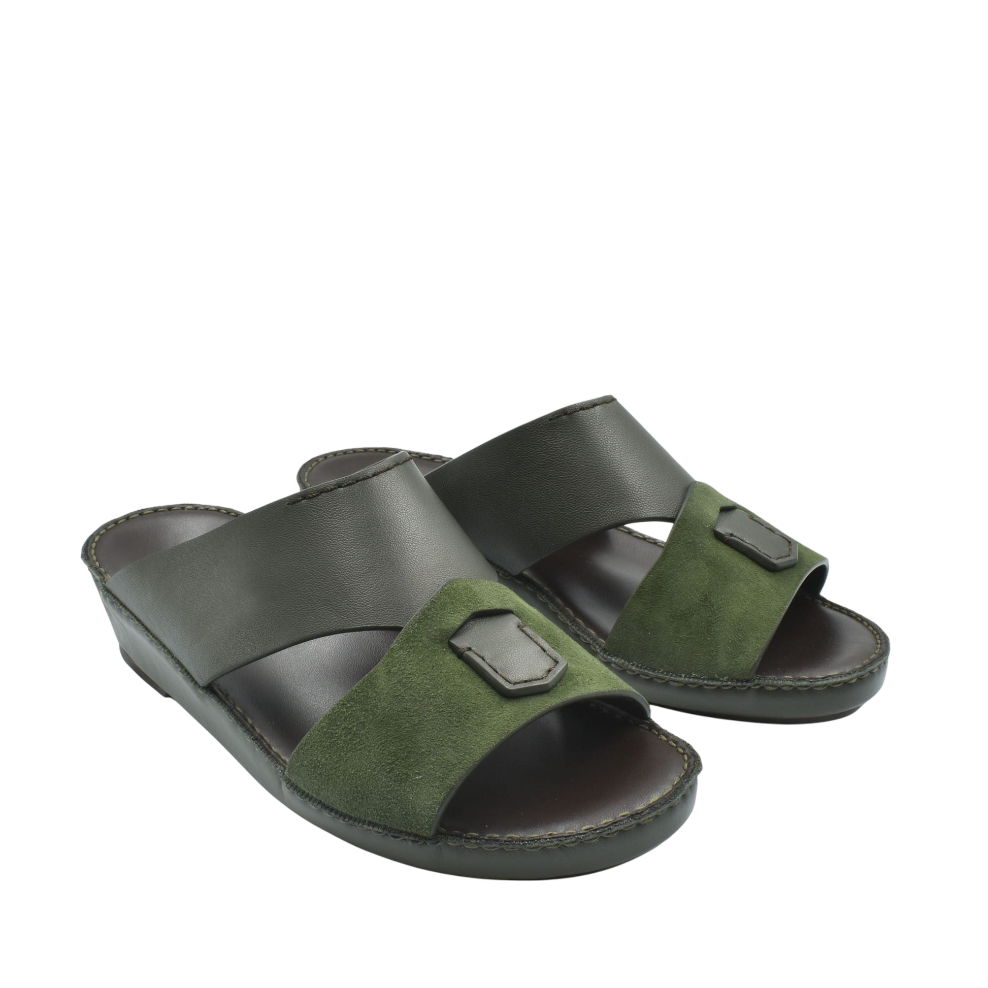 Pair of premium Nappa leather shoes in dark green and black slide sandal style with cushioned sole