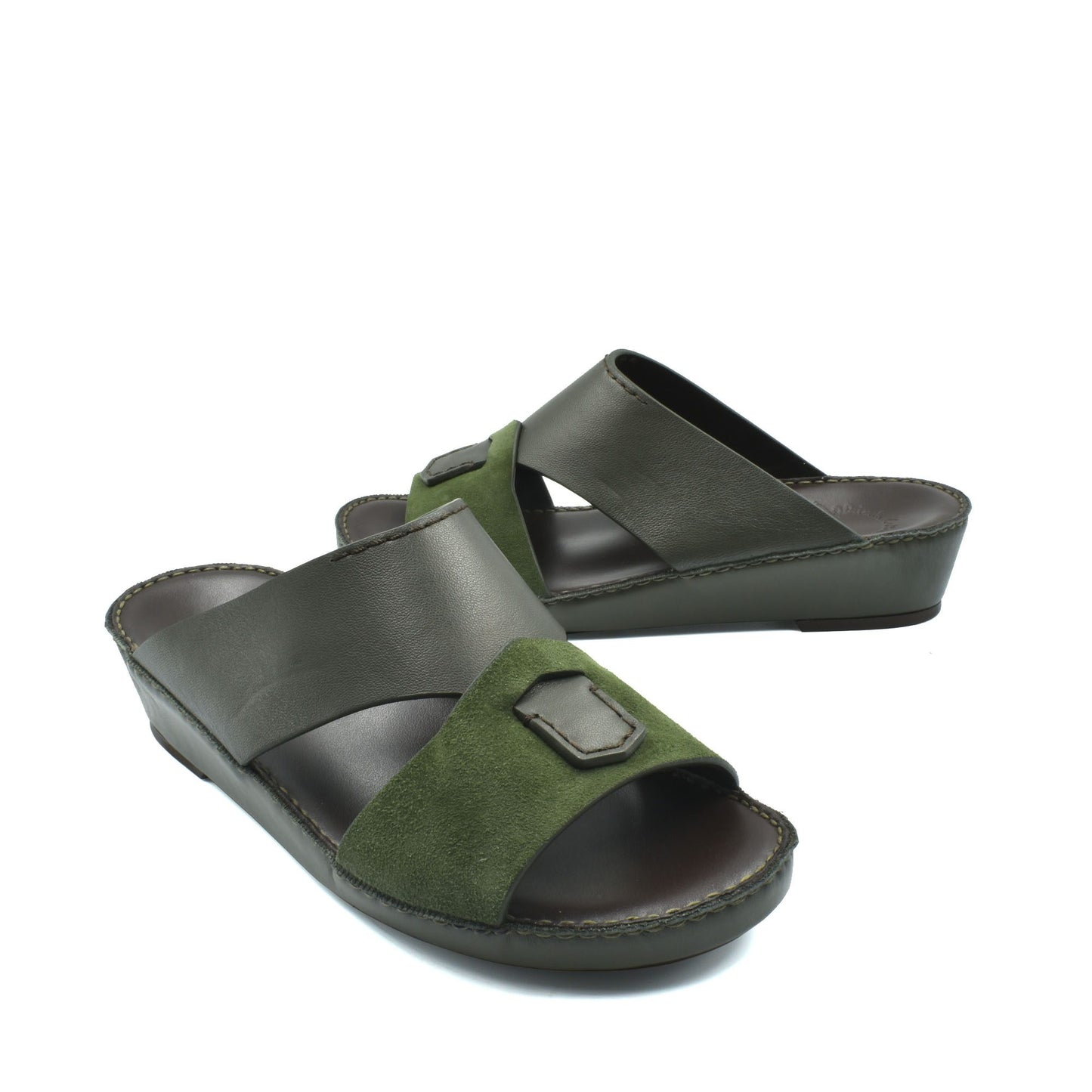 Premium Nappa leather shoes in dark green and black open-toe slide sandals with cushioned soles