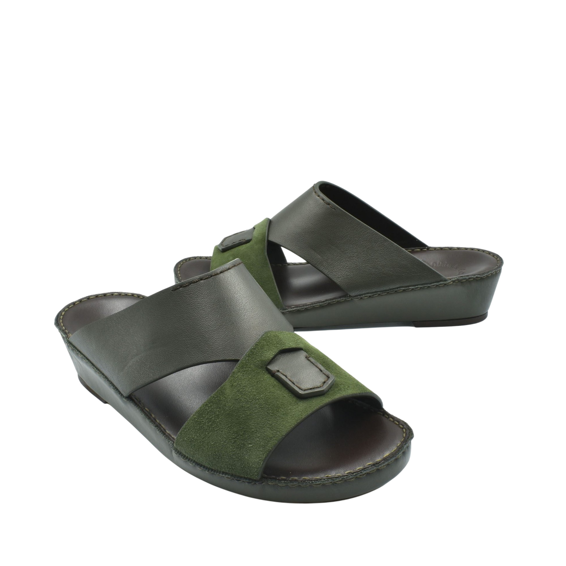 Premium Nappa leather shoes in dark green and black open-toe slide sandals with cushioned soles