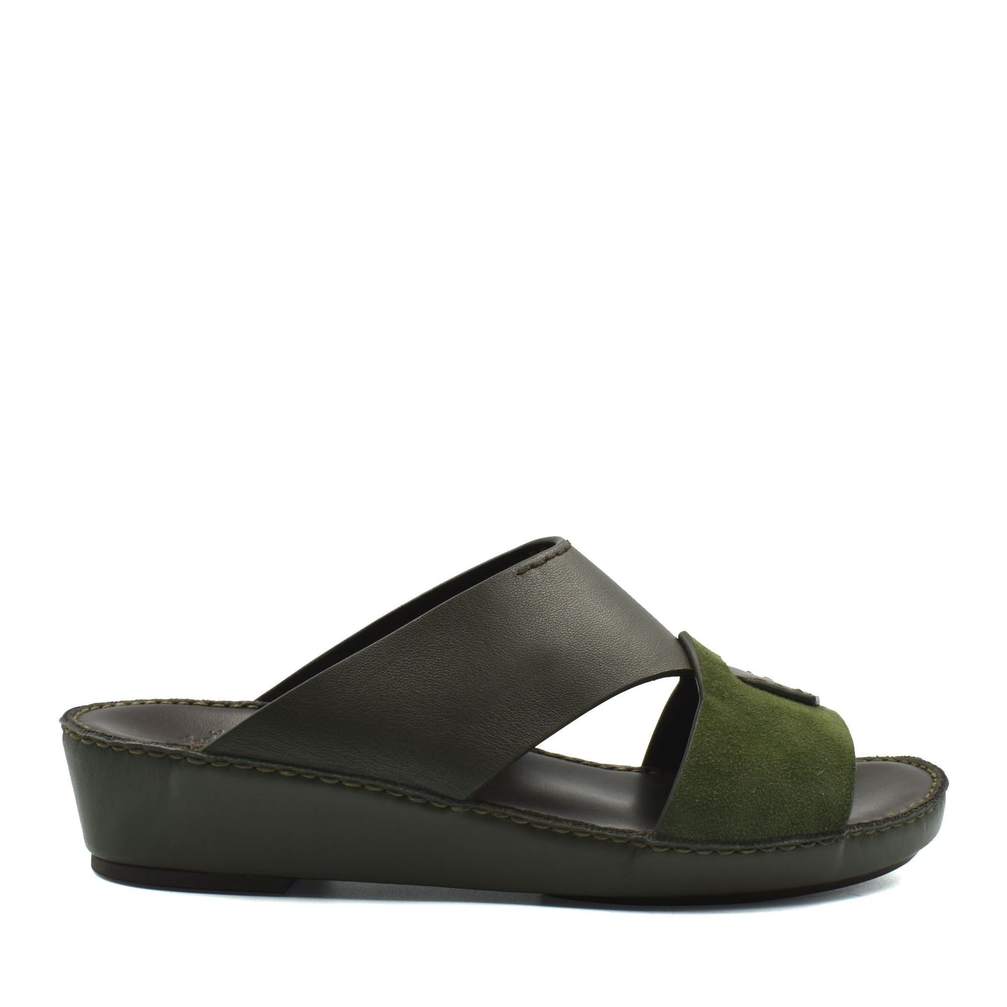 Women's premium Nappa leather shoes slide sandal with green suede and dark brown leather straps