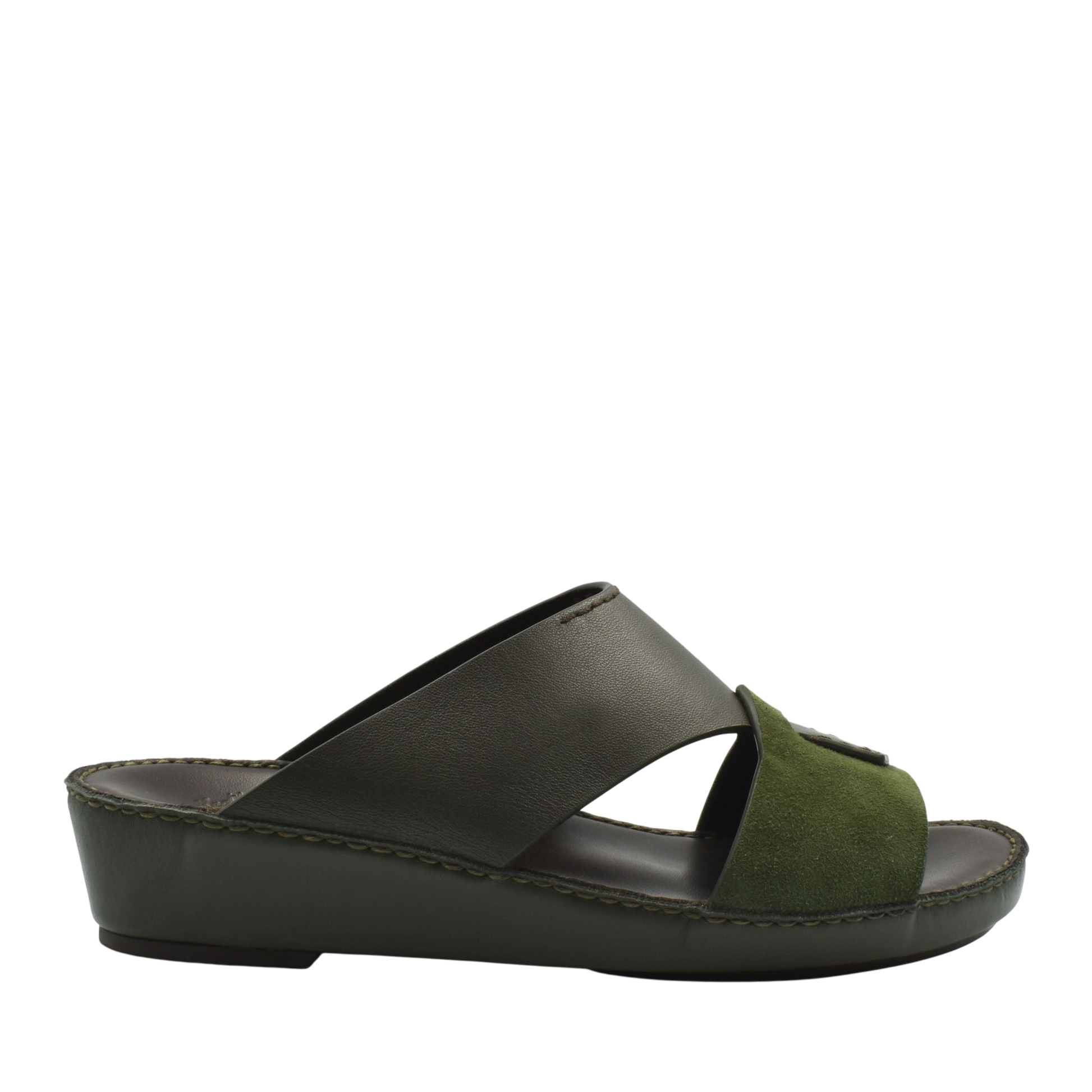 Women's premium Nappa leather shoes slide sandal with green suede and dark brown leather straps