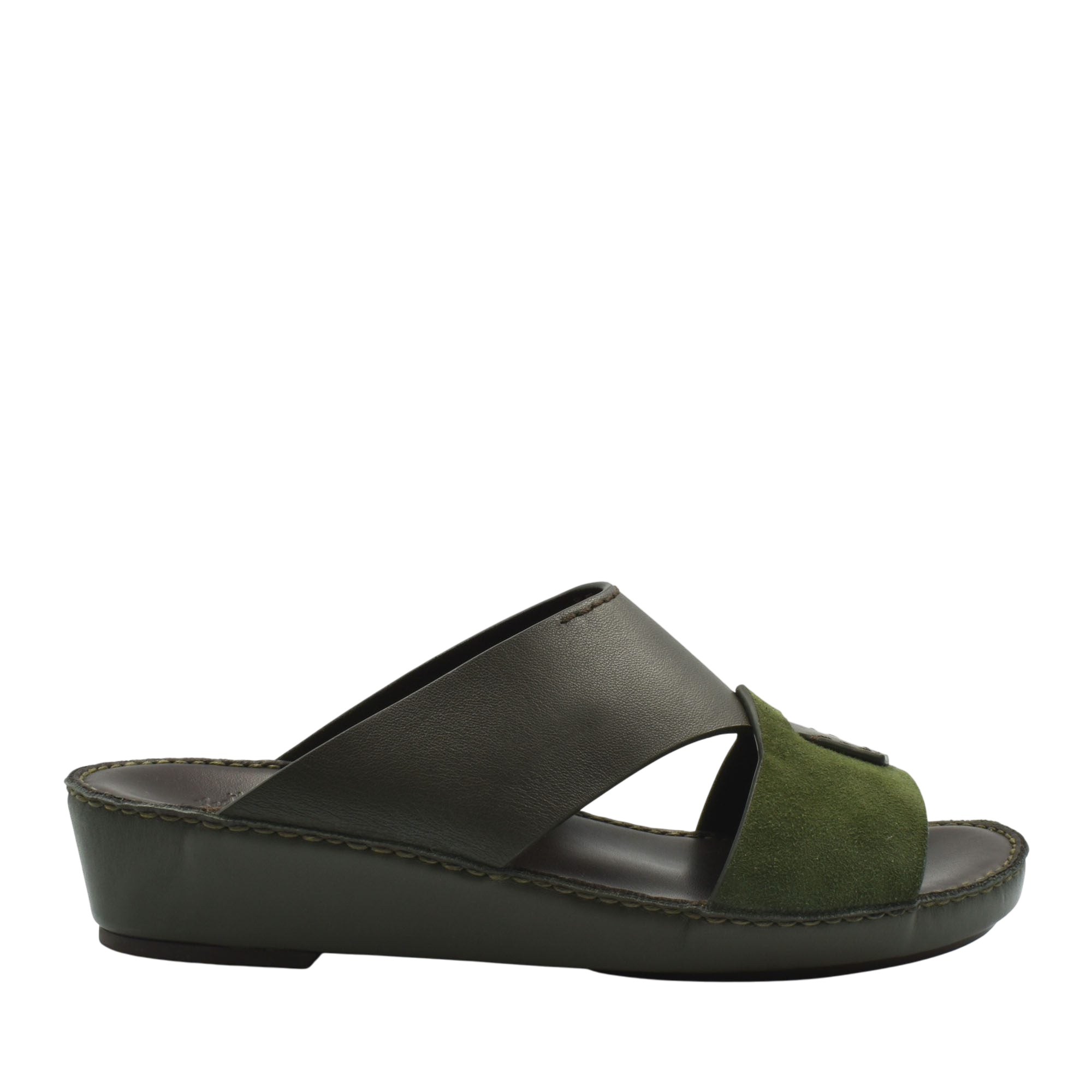 Women's premium Nappa leather shoes slide sandal with green suede and dark brown leather straps