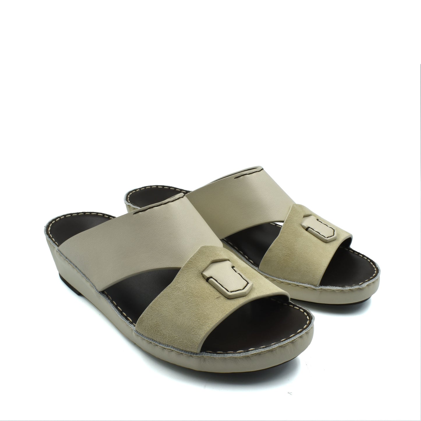 Beige premium Nappa leather shoes slide sandals with cushioned sole and decorative buckle