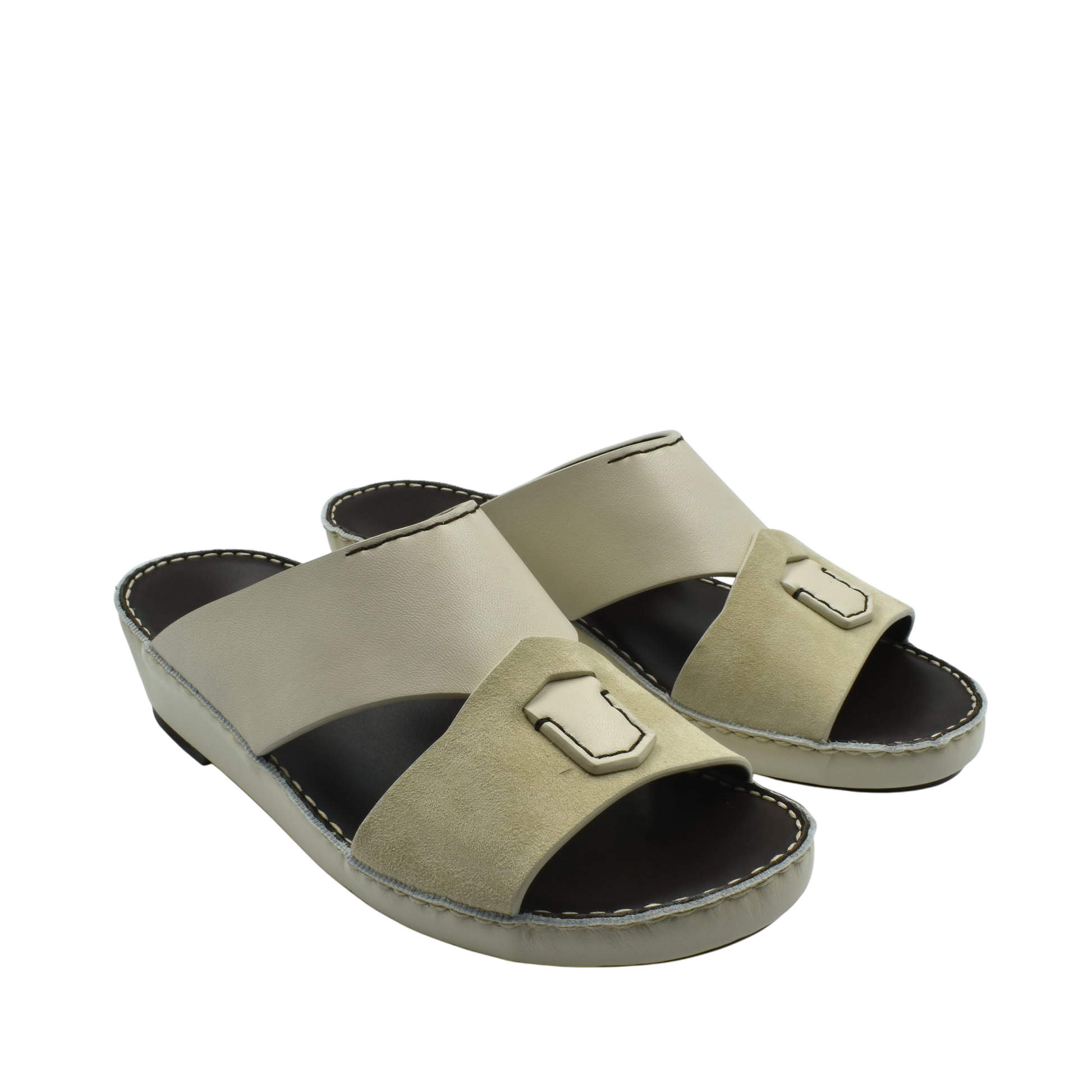 Beige premium Nappa leather shoes slide sandals with cushioned sole and decorative buckle
