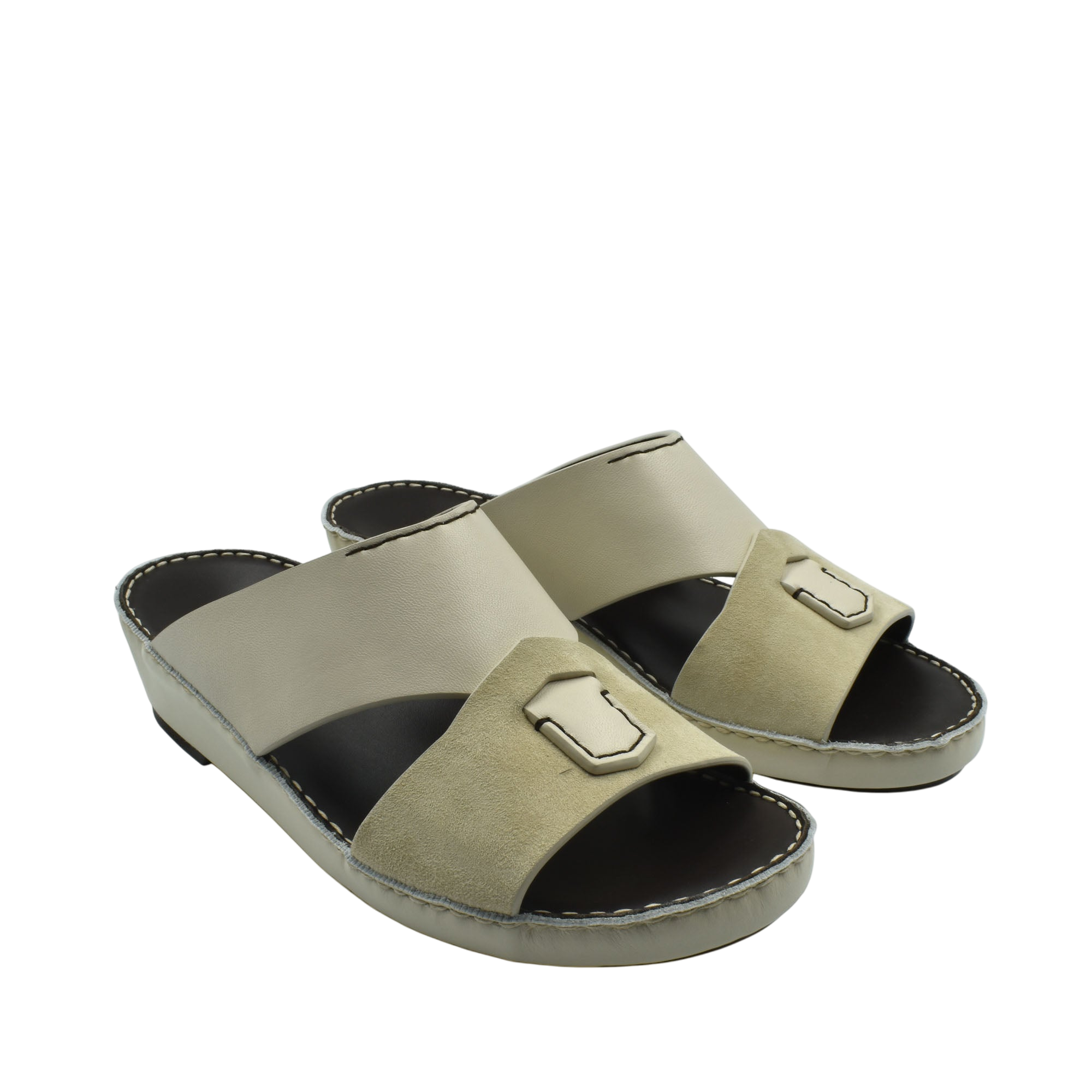 Beige premium Nappa leather shoes slide sandals with cushioned sole and decorative buckle