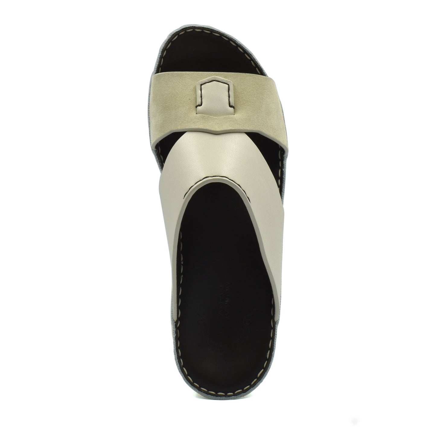 Top view of premium Nappa leather shoes in beige and black with stitched detailing