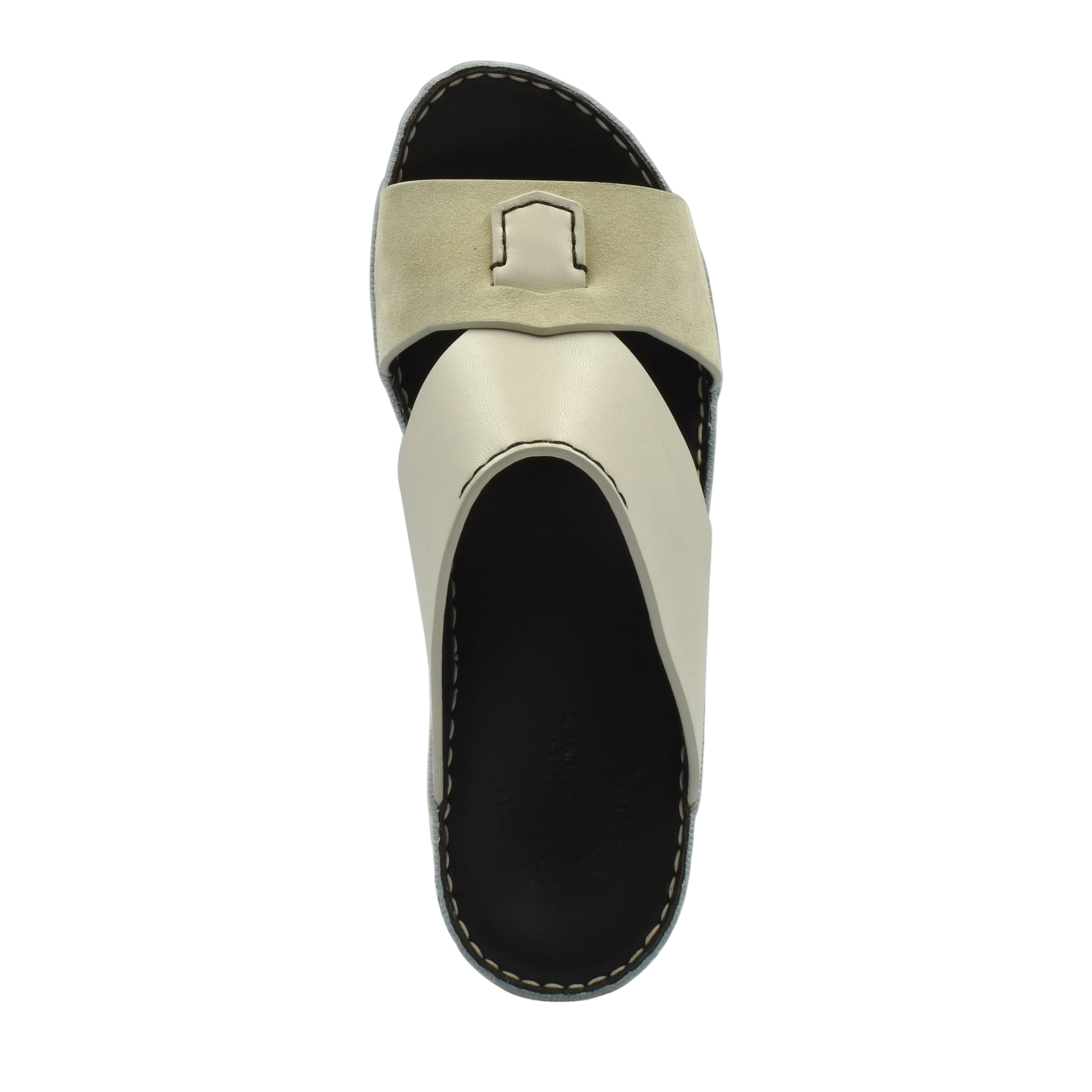 Top view of premium Nappa leather shoes in beige and black with stitched detailing