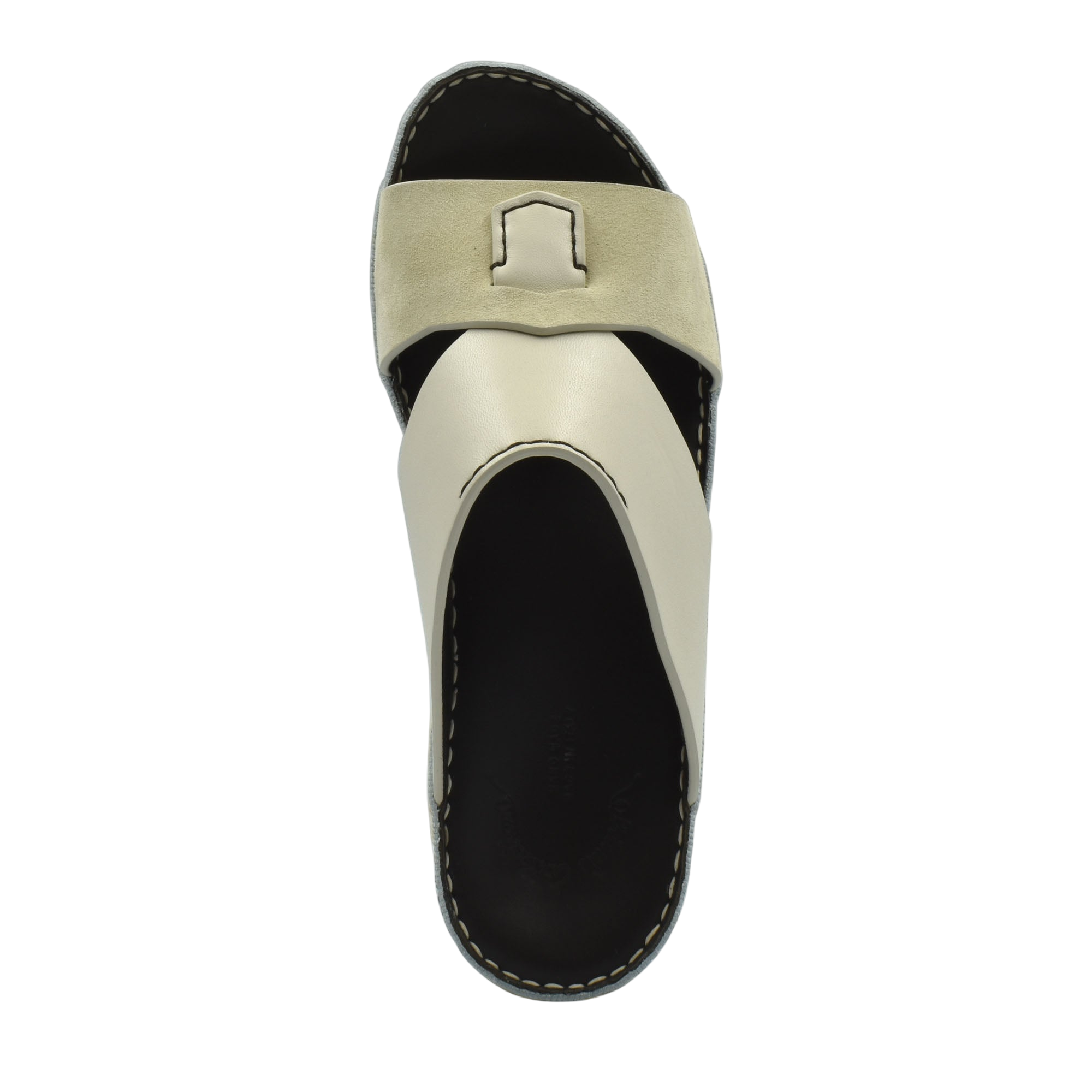 Top view of premium Nappa leather shoes in beige and black with stitched detailing