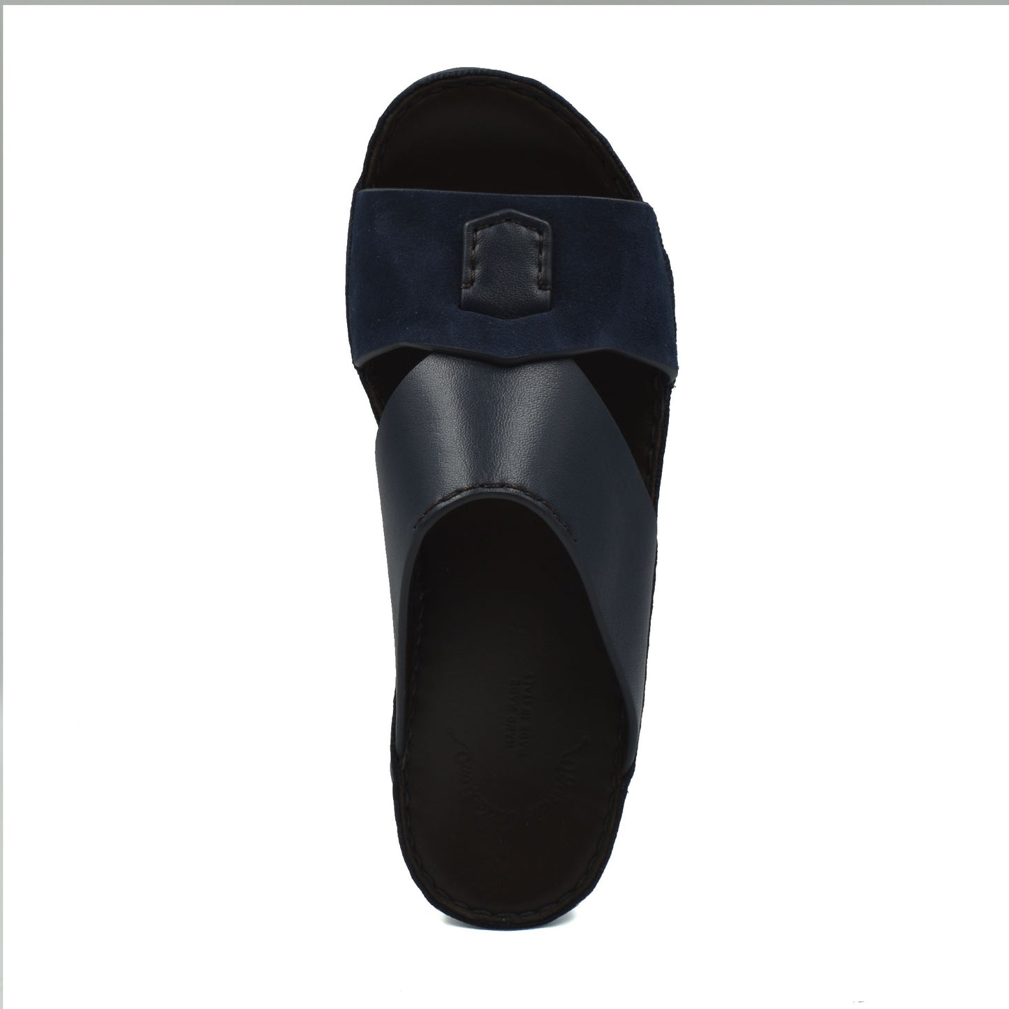 Top view of premium Nappa leather shoes slide sandal in black and navy with leather straps