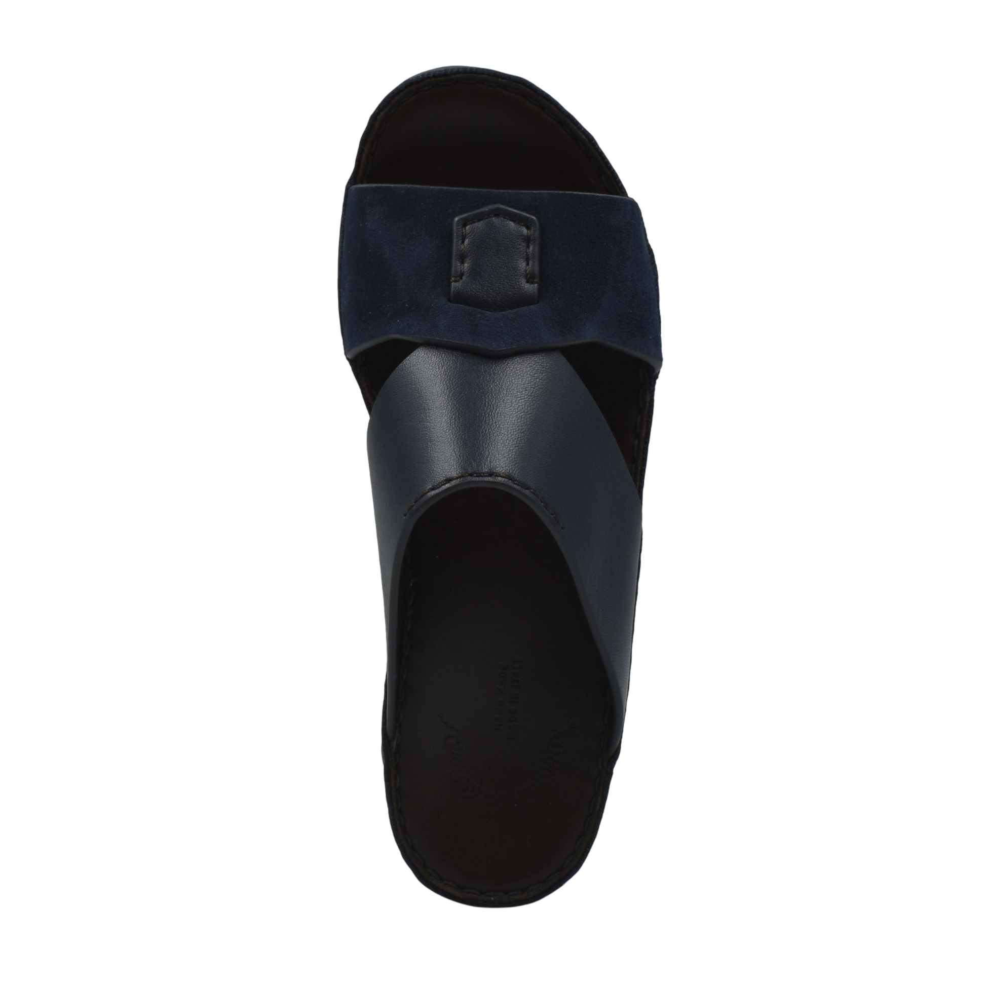 Top view of premium Nappa leather shoes slide sandal in black and navy with leather straps