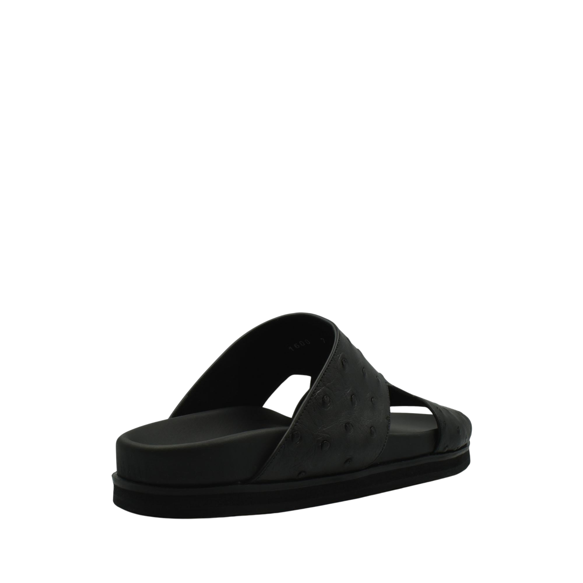 Black premium ostrich leather footwear slide sandal with textured leather upper and cushioned sole