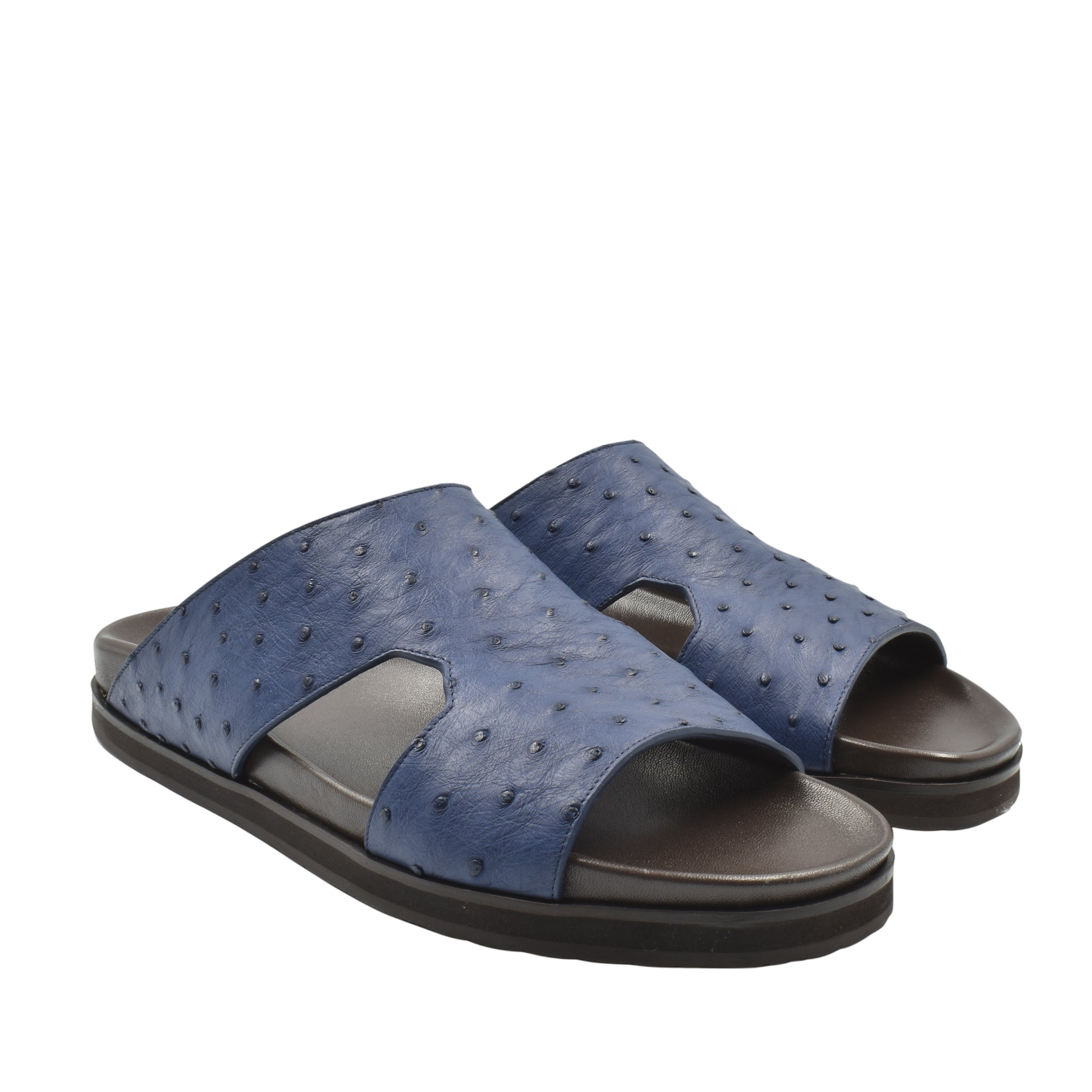 Blue premium ostrich leather footwear slip-on sandals with textured leather upper and black sole