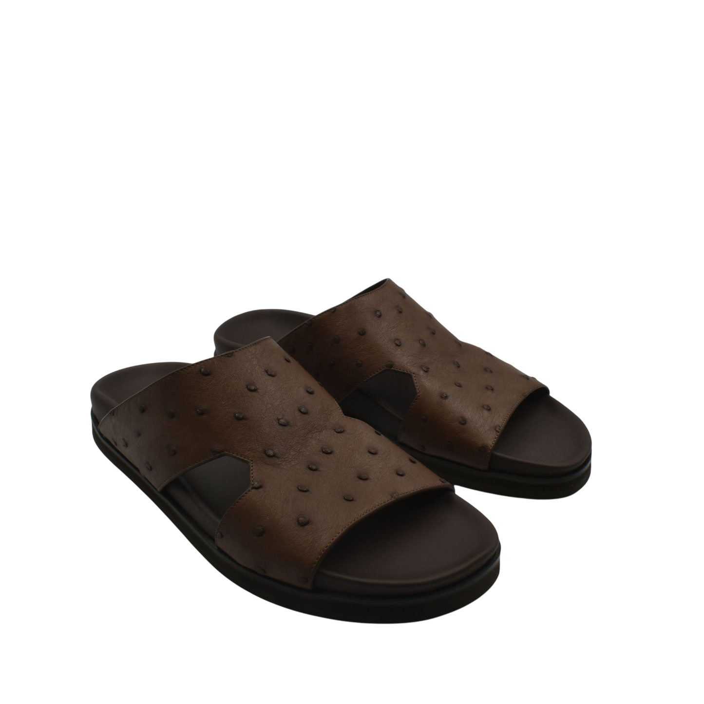 Brown premium ostrich leather footwear slide sandals with cushioned sole from private collection