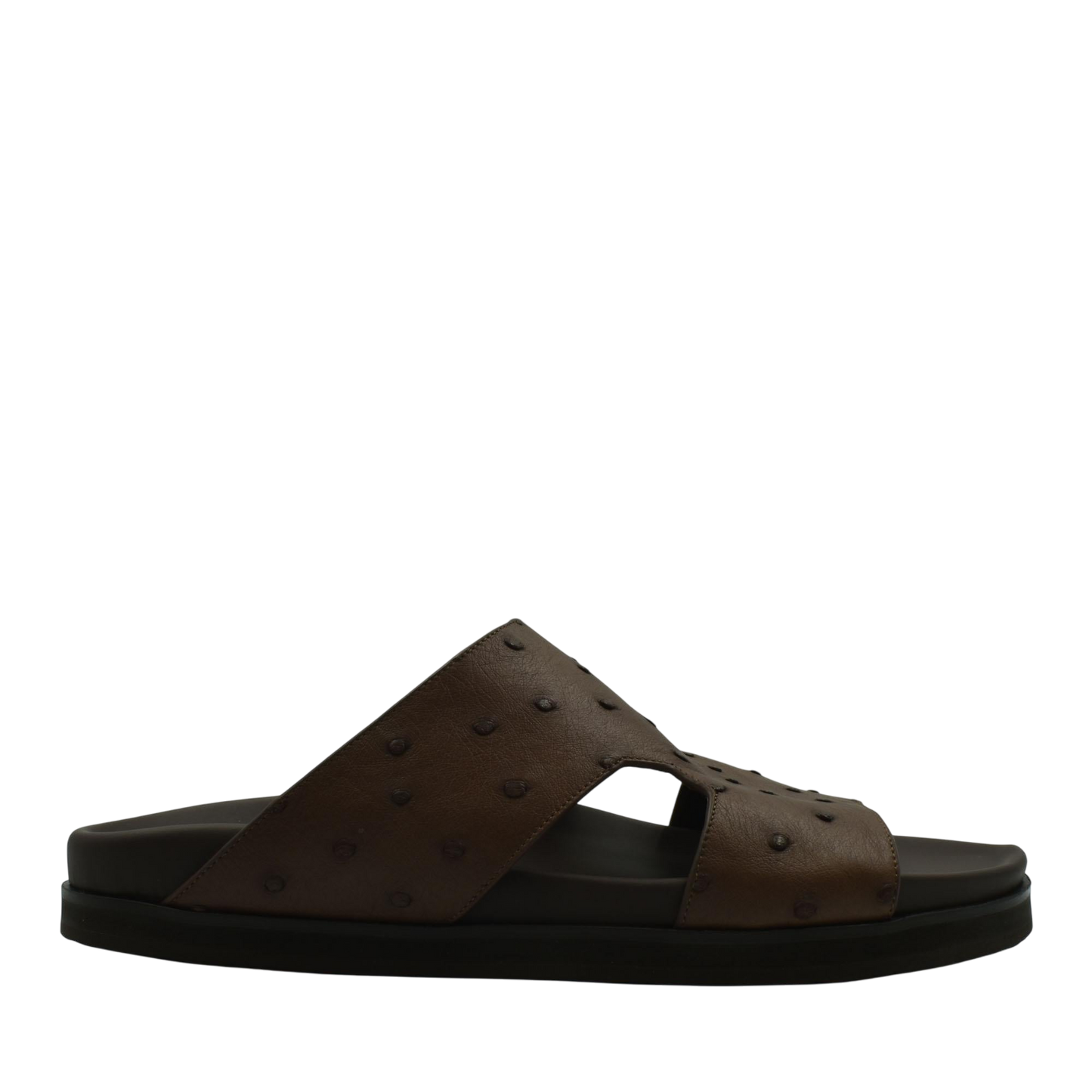 Brown premium ostrich leather footwear slide sandal with textured leather upper and black sole