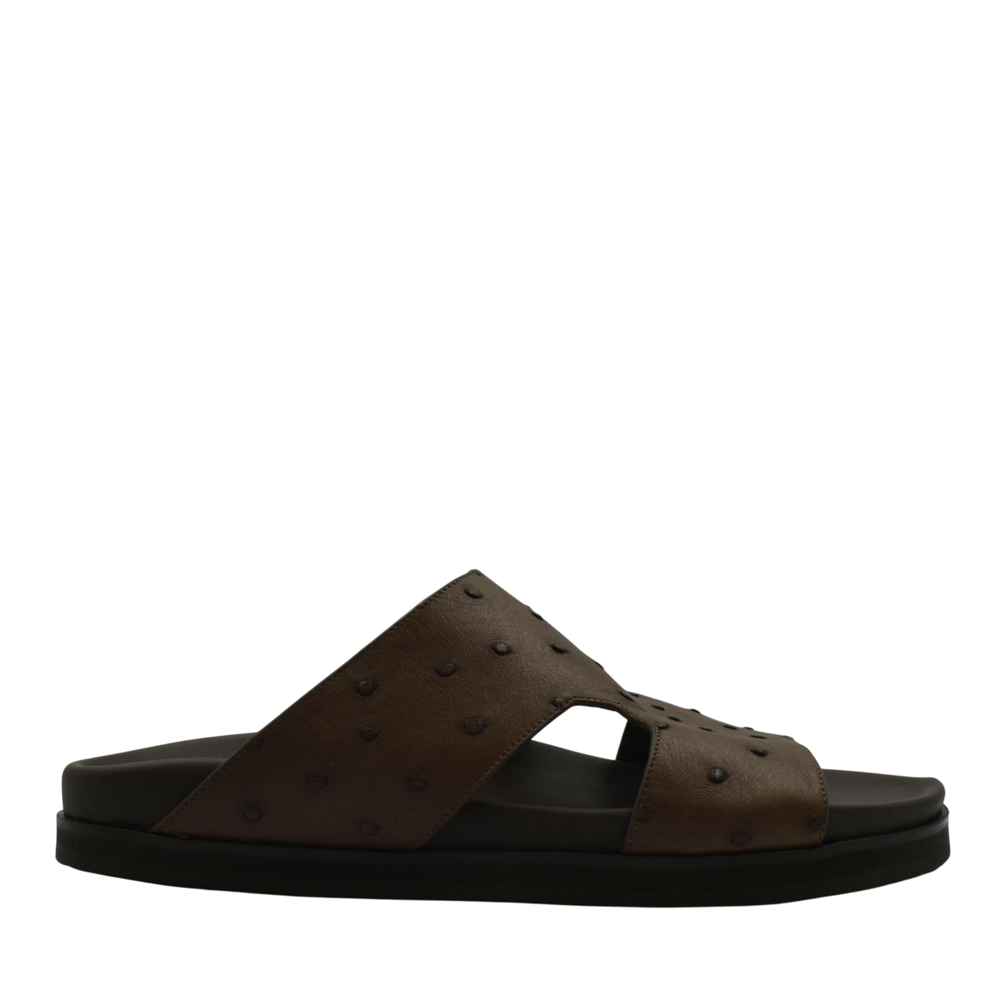 Brown premium ostrich leather footwear slide sandal with textured leather upper and black sole
