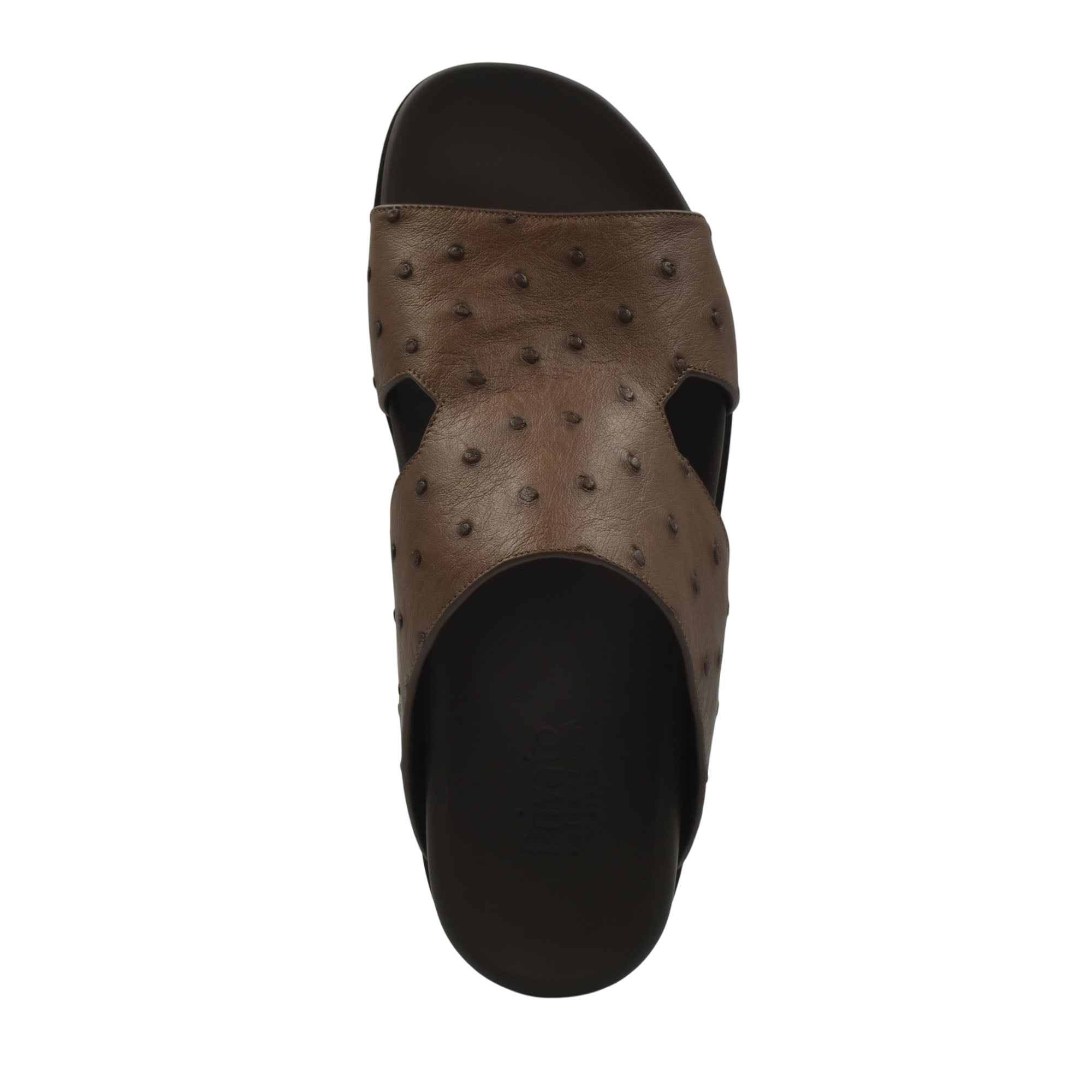 Premium ostrich leather footwear brown slide sandal with textured leather upper and black sole
