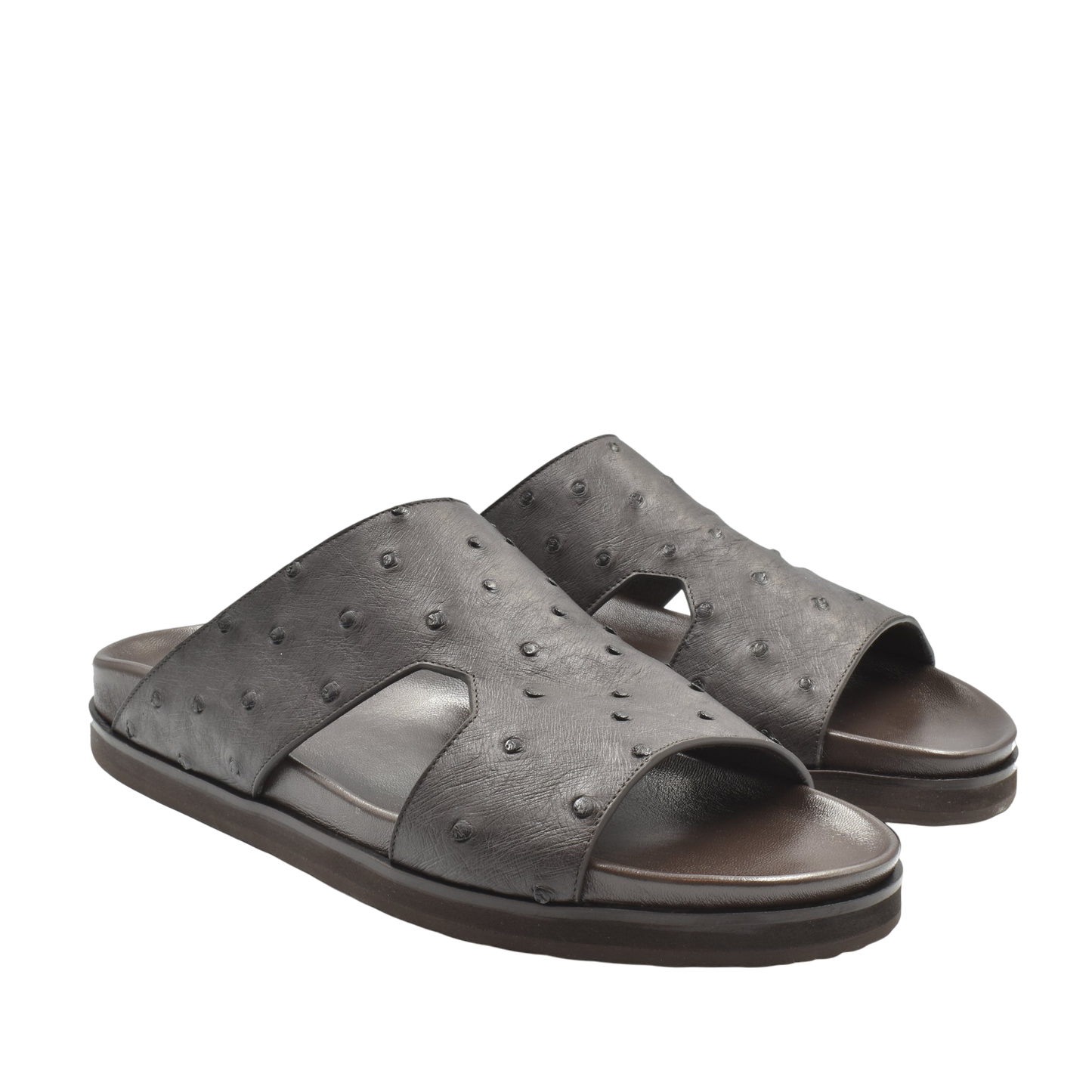 Gray open-toe premium ostrich leather footwear slides with textured pattern and comfortable sole