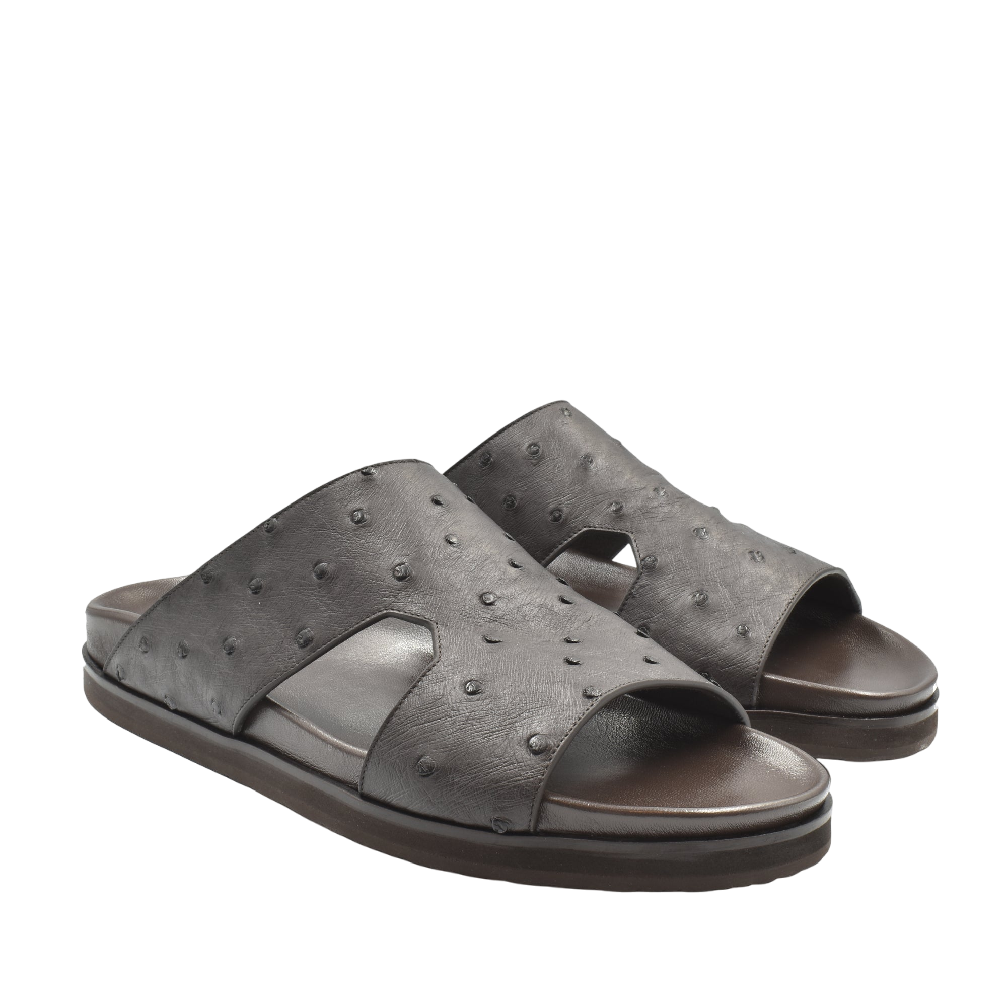 Gray open-toe premium ostrich leather footwear slides with textured pattern and comfortable sole