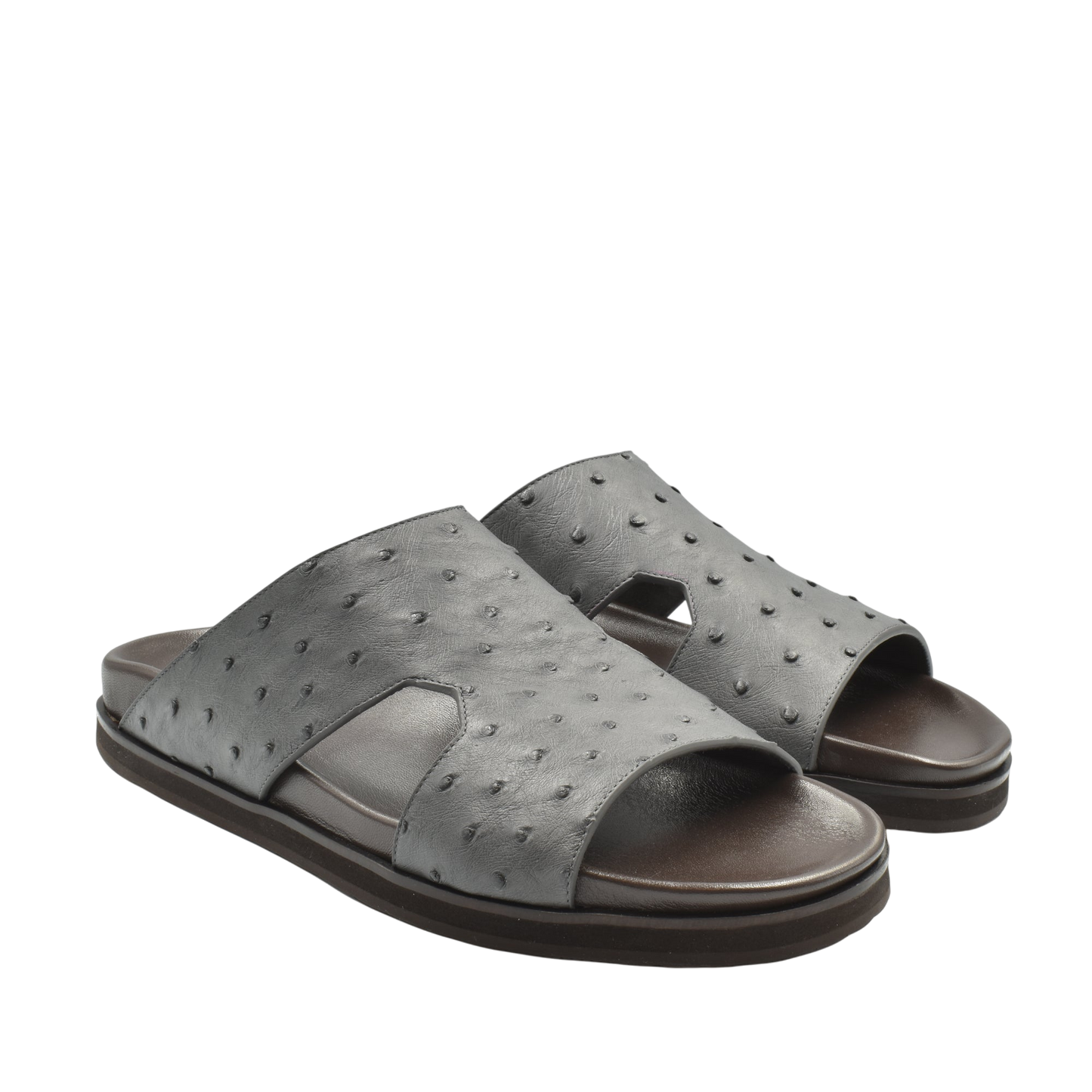 Grey open-toe slide sandals made from premium ostrich leather footwear with unique textured design