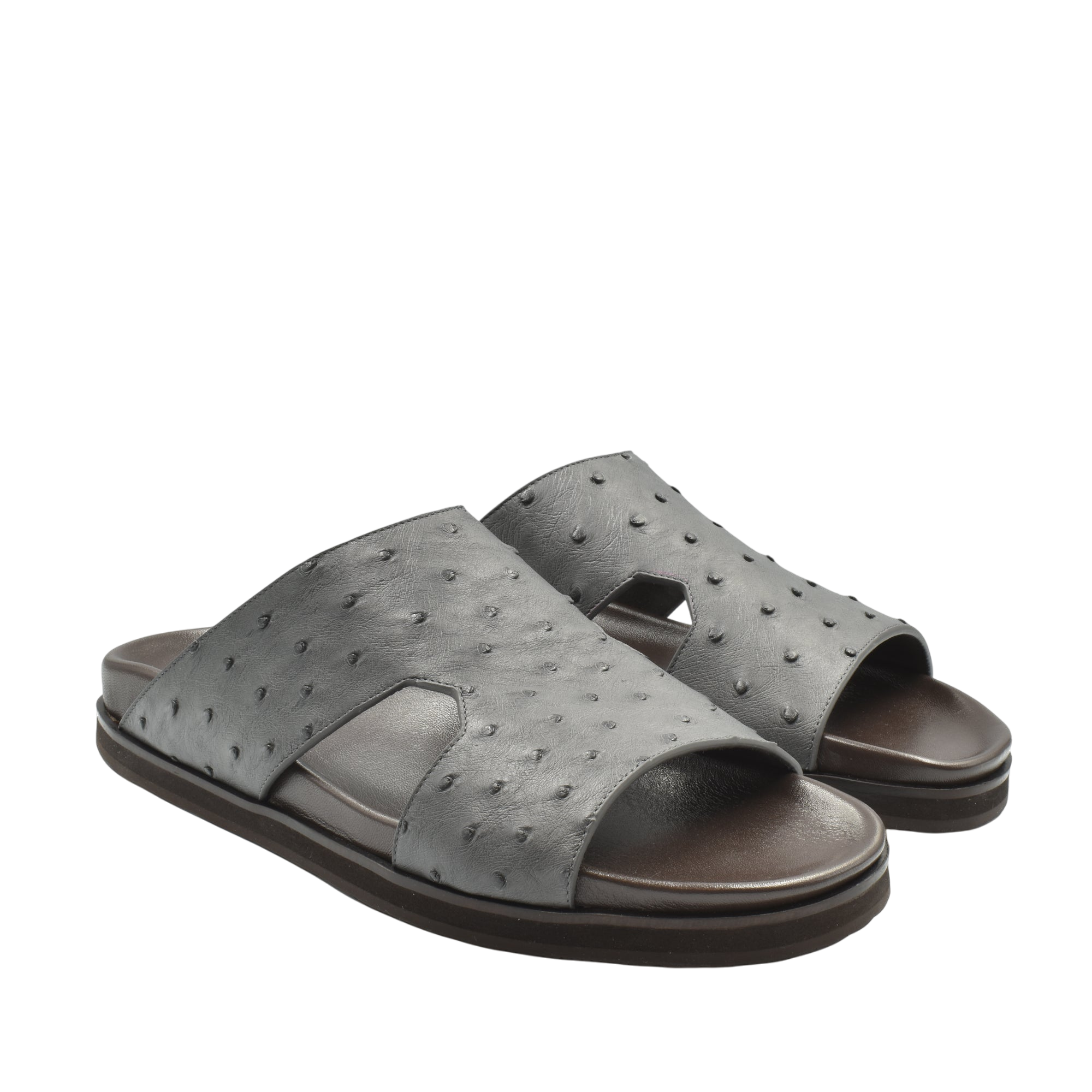 Grey open-toe slide sandals made from premium ostrich leather footwear with unique textured design